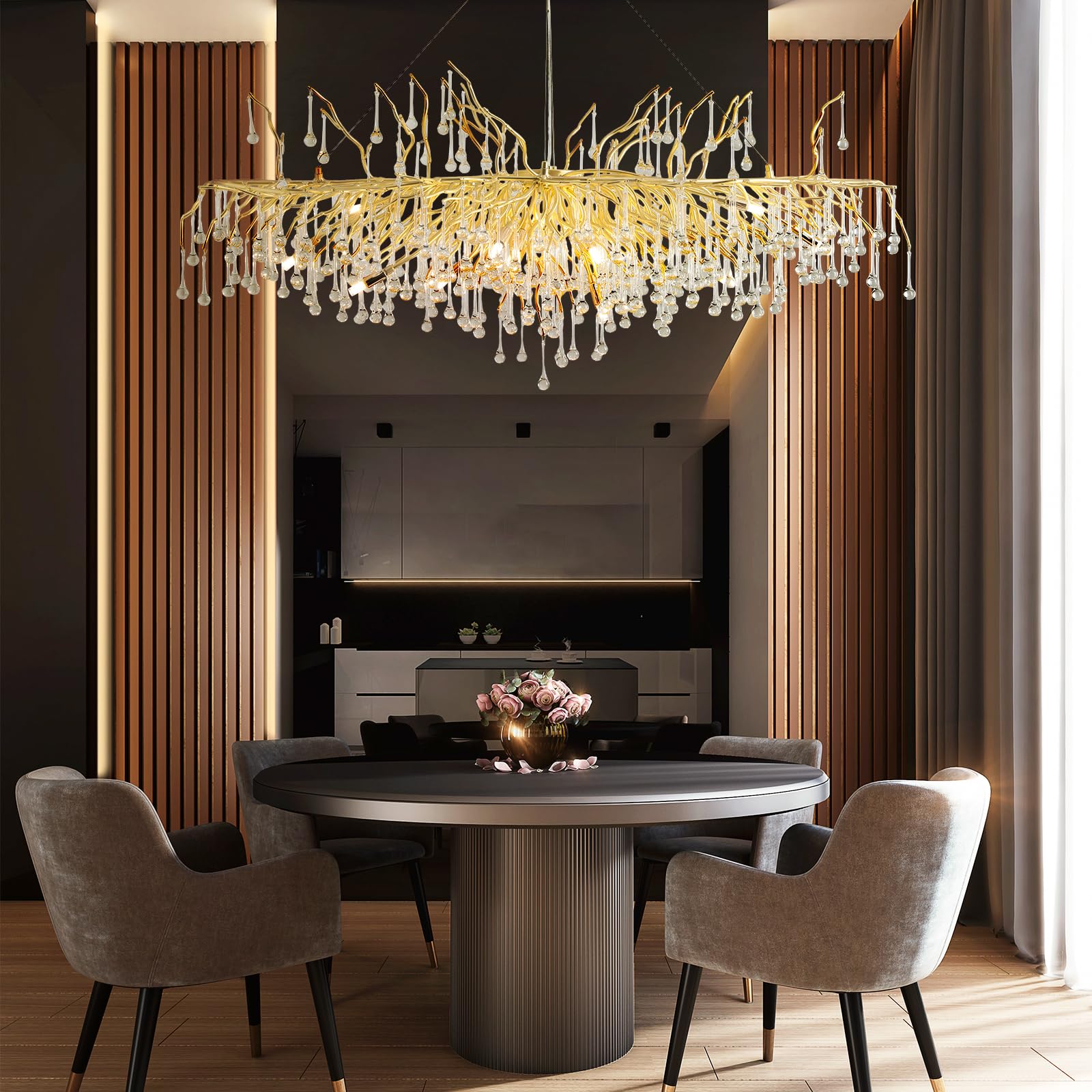 Crystal Chandeliers for Dining Room, 63" Modern Gold Tree Branch Chandelier, 15 - Lights Luxury Rectangular Raindrop Chandelier Light Fixture for Kitchen Island, Living Room, Foyer, High Ceiling - Camilalamps - B0BXNB4WRN