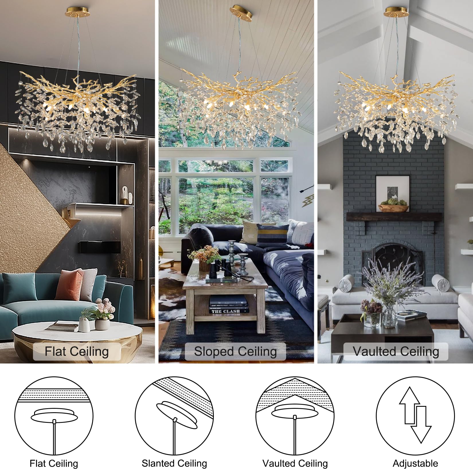 Crystal Chandeliers for Dining Room, 63" Modern Gold Tree Branch Chandelier, 15 - Lights Luxury Rectangular Raindrop Chandelier Light Fixture for Kitchen Island, Living Room, Foyer, High Ceiling - Camilalamps - B0BXNB4WRN
