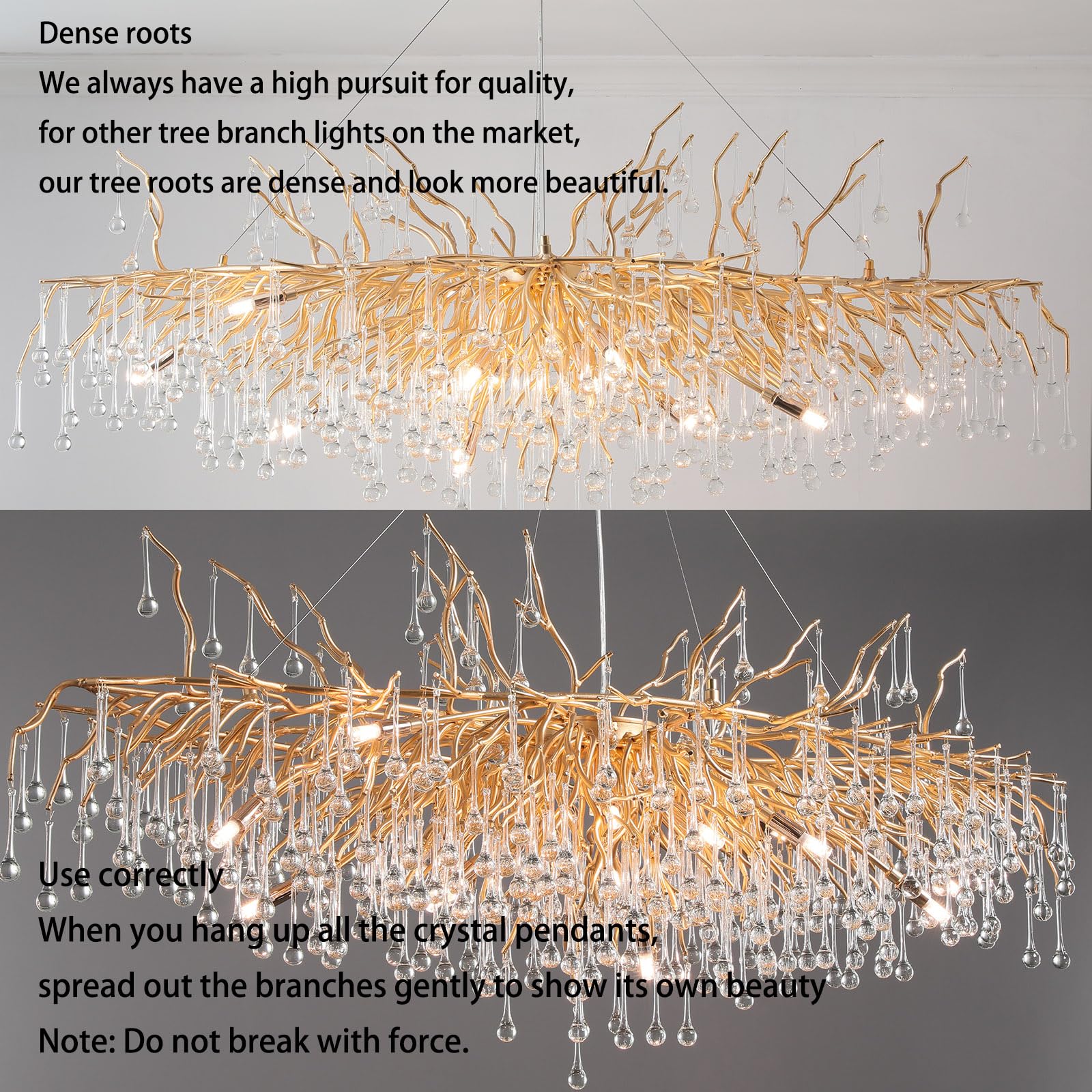 Crystal Chandeliers for Dining Room, 63" Modern Gold Tree Branch Chandelier, 15 - Lights Luxury Rectangular Raindrop Chandelier Light Fixture for Kitchen Island, Living Room, Foyer, High Ceiling - Camilalamps - B0BXNB4WRN