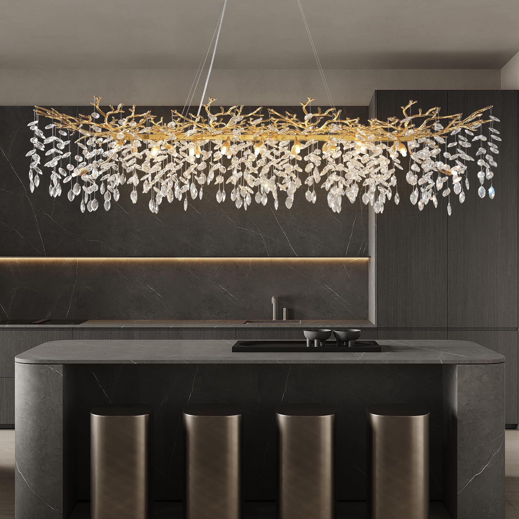 Crystal Chandeliers for Dining Room, 63" Modern Gold Tree Branch Chandelier, 15 - Lights Luxury Rectangular Raindrop Chandelier Light Fixture for Kitchen Island, Living Room, Foyer, High Ceiling - Camilalamps - B0BXNB4WRN