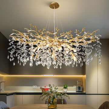 60" Modern Gold Crystal Tree Branch Chandelier, 16-Light Rectangular Chandeliers for Dining Room, Kitchen Island, Living Room, Luxury K9 Crystal Raindrop Light Fixture