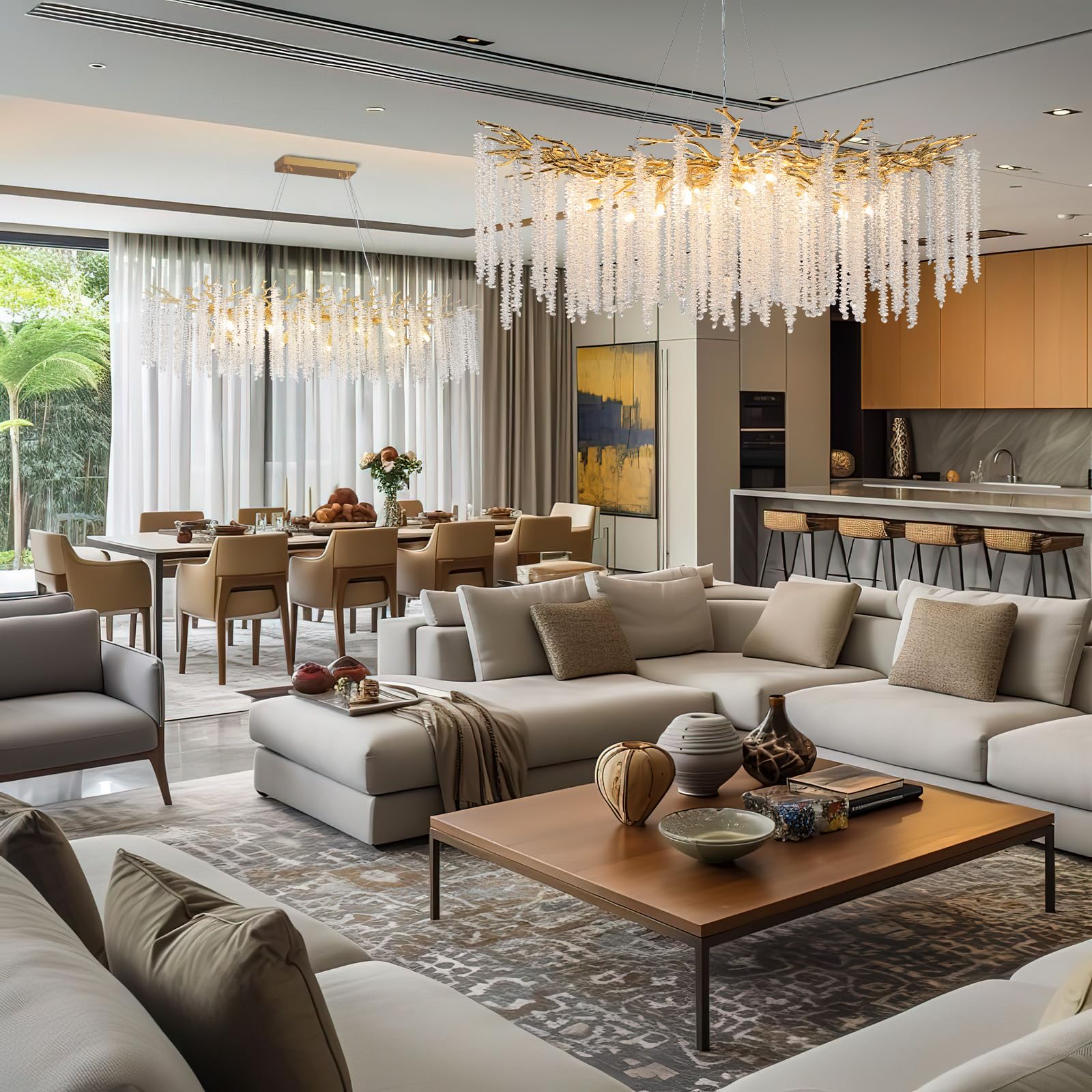 Modern Crystal Chandelier, 47.2" Gold Tree Branch Chandelier for Dining Room, Round Luxury High Ceiling Chandeliers Pendant Light Over Table, Hanging Fixture for Bedroom, Living Room, Kitchen - Camilalamps - B0FBWPQM82