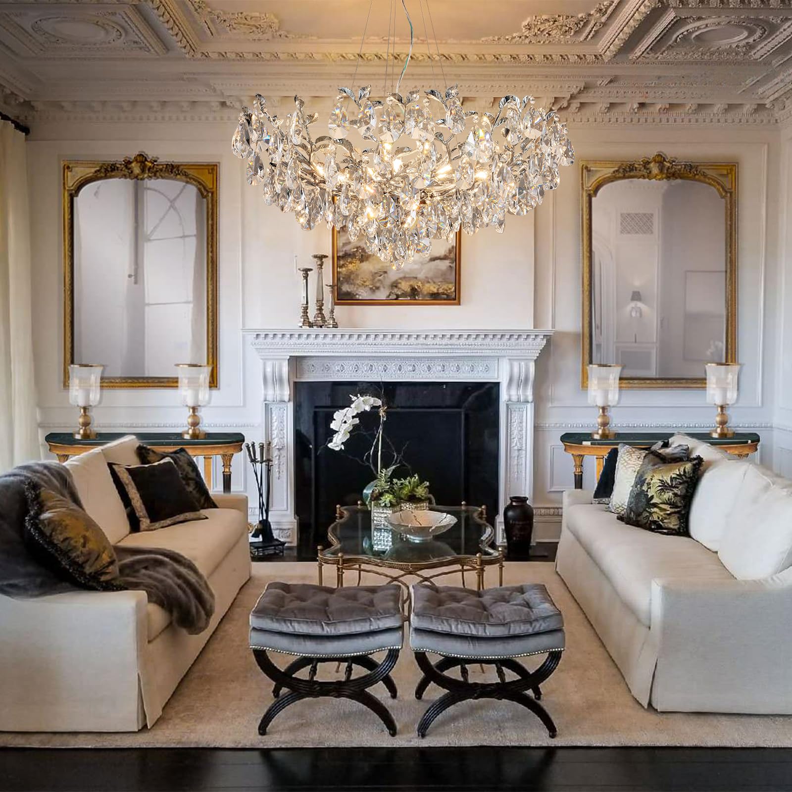 Modern Crystal Chandelier,Silver Ceiling Pendant Flower Hanging Lighting, 31.5" Tree Branch - Leaf Upward Chandelier Light Fixture Perfect for Dining Room, Living Room, Bedroom, Entryway - Camilalamps - B0CRKSZYYL