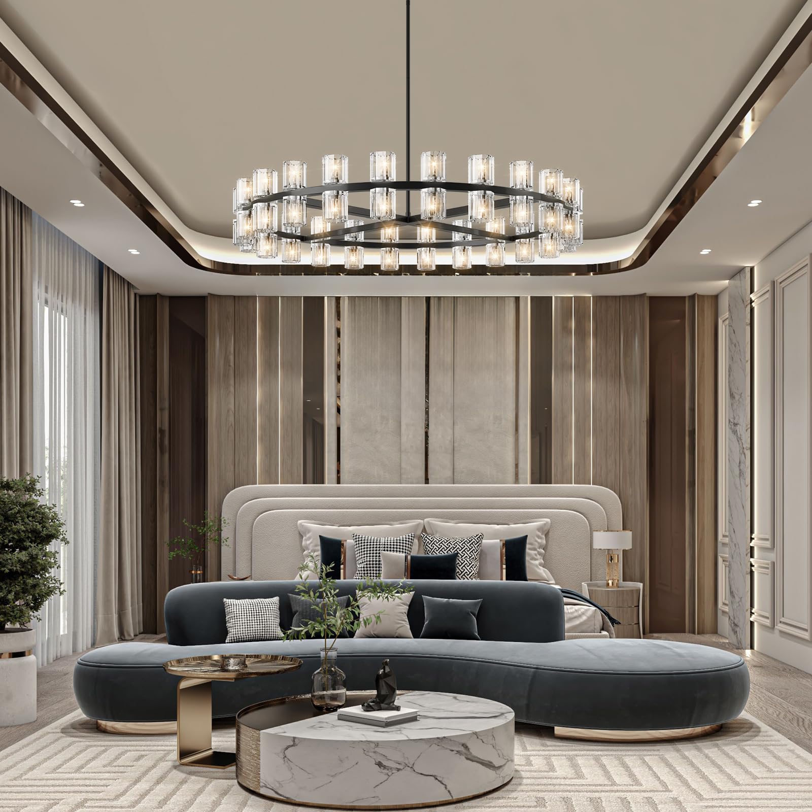Modern 36" Gold Round Chandelier Light Fixture, K9 Crystal Chandeliers for Dining Room, Living Room, Dining Room Chandeliers Over Table, Chandelier for Bedroom, Foyer, Includes 36XG4 Bulbs - Camilalamps - B0CRGK6RHV
