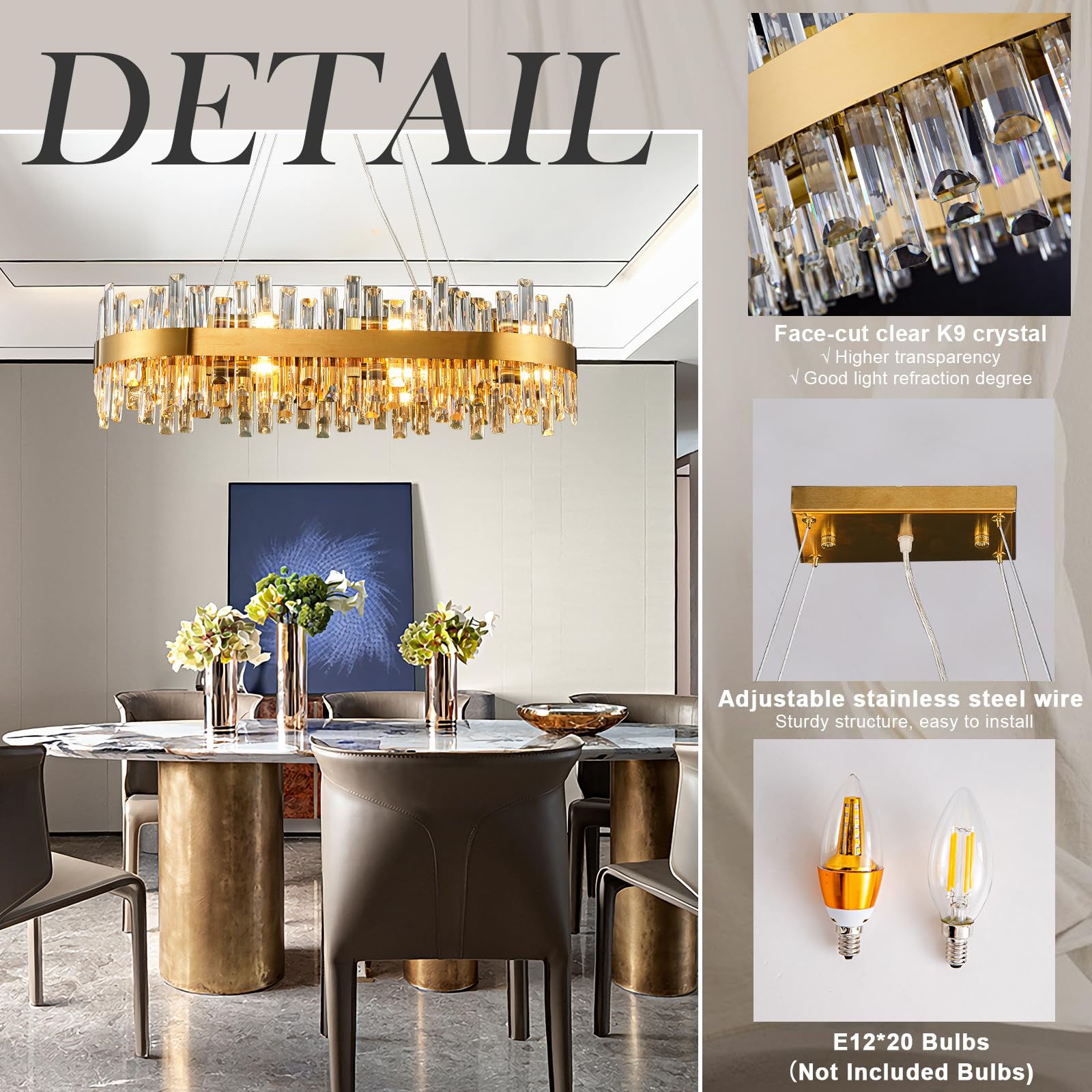 Chandelier for Dining Room, D39.4 Gold K9 Crystal Pendant Light, 20 - Light Round Over Table, Hanging Ceiling Light Fixture for Kitchen Island, Entryway, Foyer - Camilalamps - B0DMFF1692