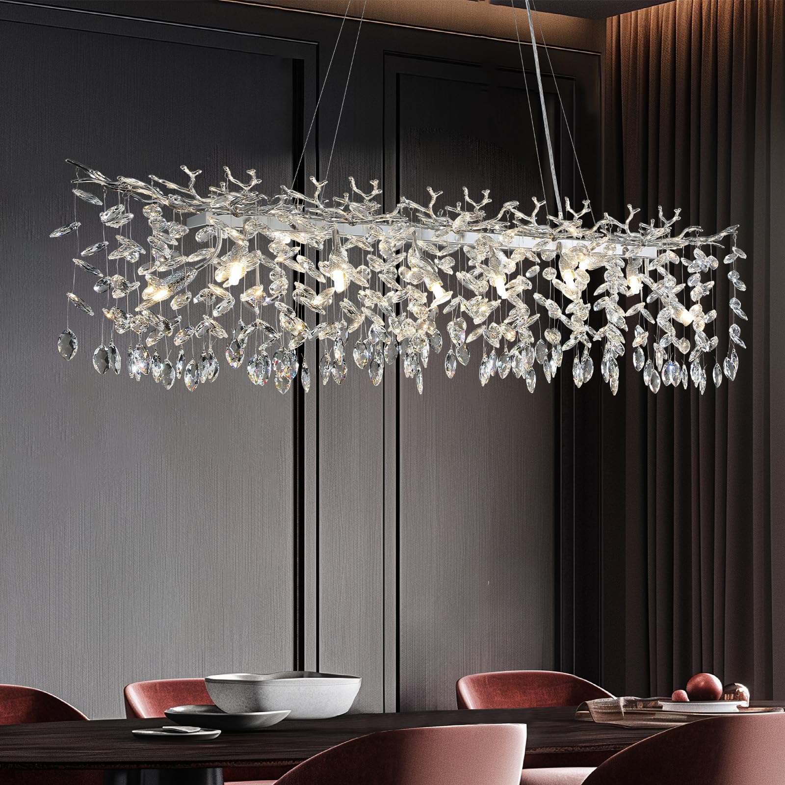60" Modern Gold Crystal Tree Branch Chandelier, 16 - Light Rectangular Chandeliers for Dining Room, Kitchen Island, Living Room, Luxury K9 Crystal Raindrop Light Fixture - Camilalamps - B0FC6PCBZ1