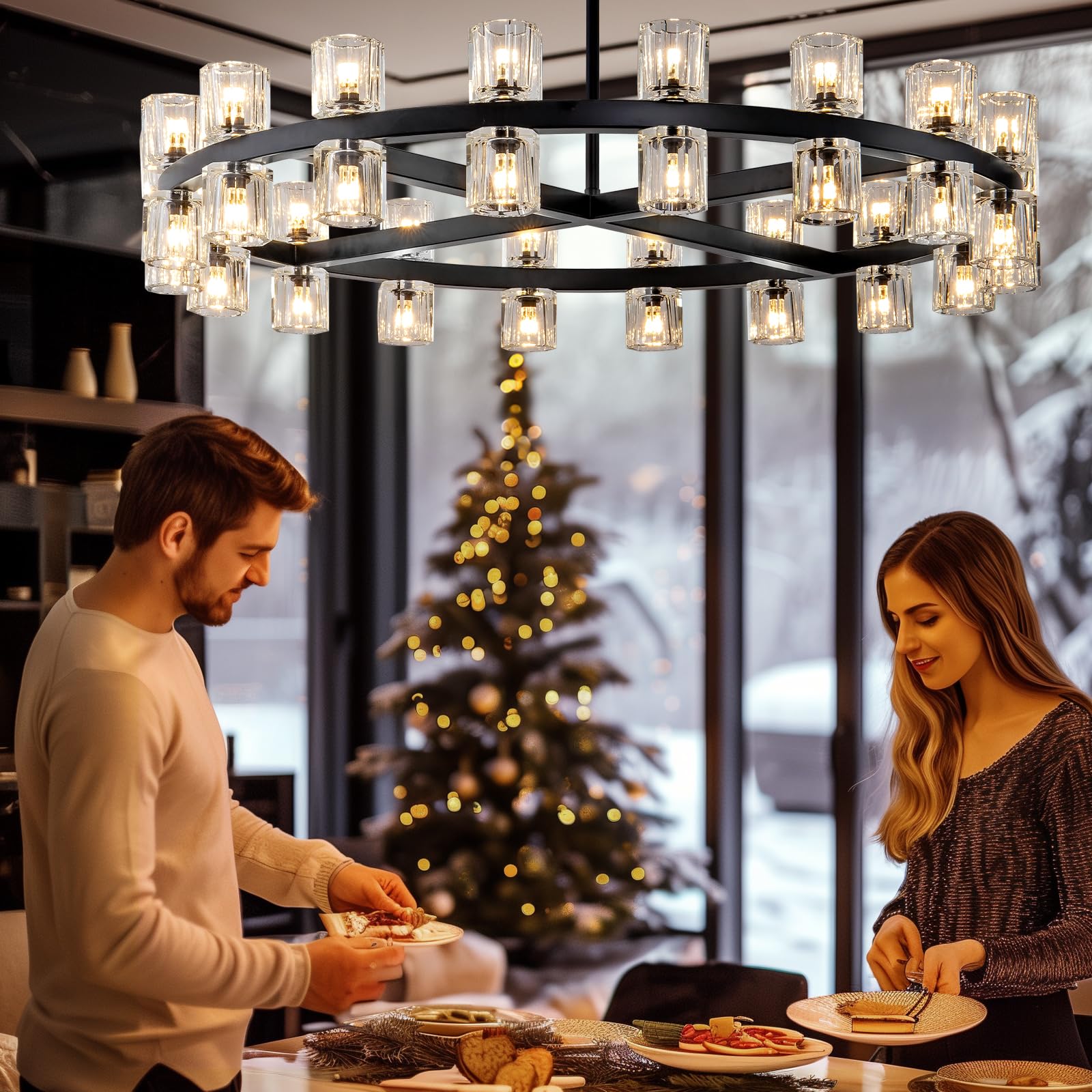 Modern 36" Gold Round Chandelier Light Fixture, K9 Crystal Chandeliers for Dining Room, Living Room, Dining Room Chandeliers Over Table, Chandelier for Bedroom, Foyer, Includes 36XG4 Bulbs - Camilalamps - B0CRGK6RHV