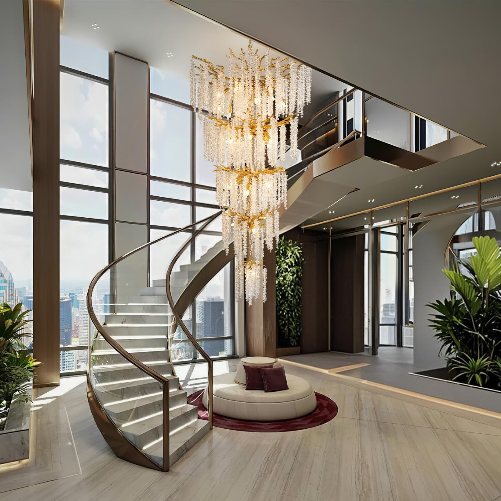 Modern Crystal Chandelier, 47.2" Gold Tree Branch Chandelier for Dining Room, Round Luxury High Ceiling Chandeliers Pendant Light Over Table, Hanging Fixture for Bedroom, Living Room, Kitchen - Camilalamps - B0FBWPQM82