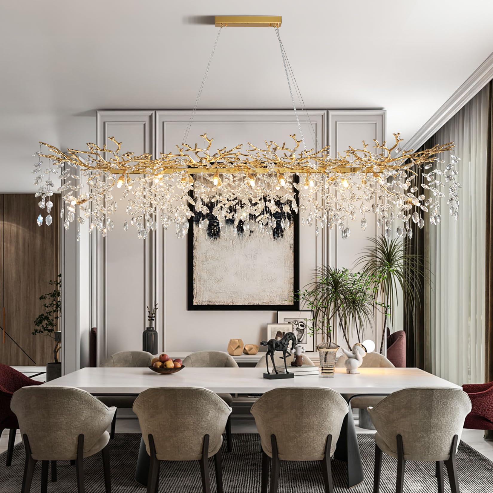 Crystal Chandeliers for Dining Room, 63" Modern Gold Tree Branch Chandelier, 15 - Lights Luxury Rectangular Raindrop Chandelier Light Fixture for Kitchen Island, Living Room, Foyer, High Ceiling - Camilalamps - B0BXNB4WRN