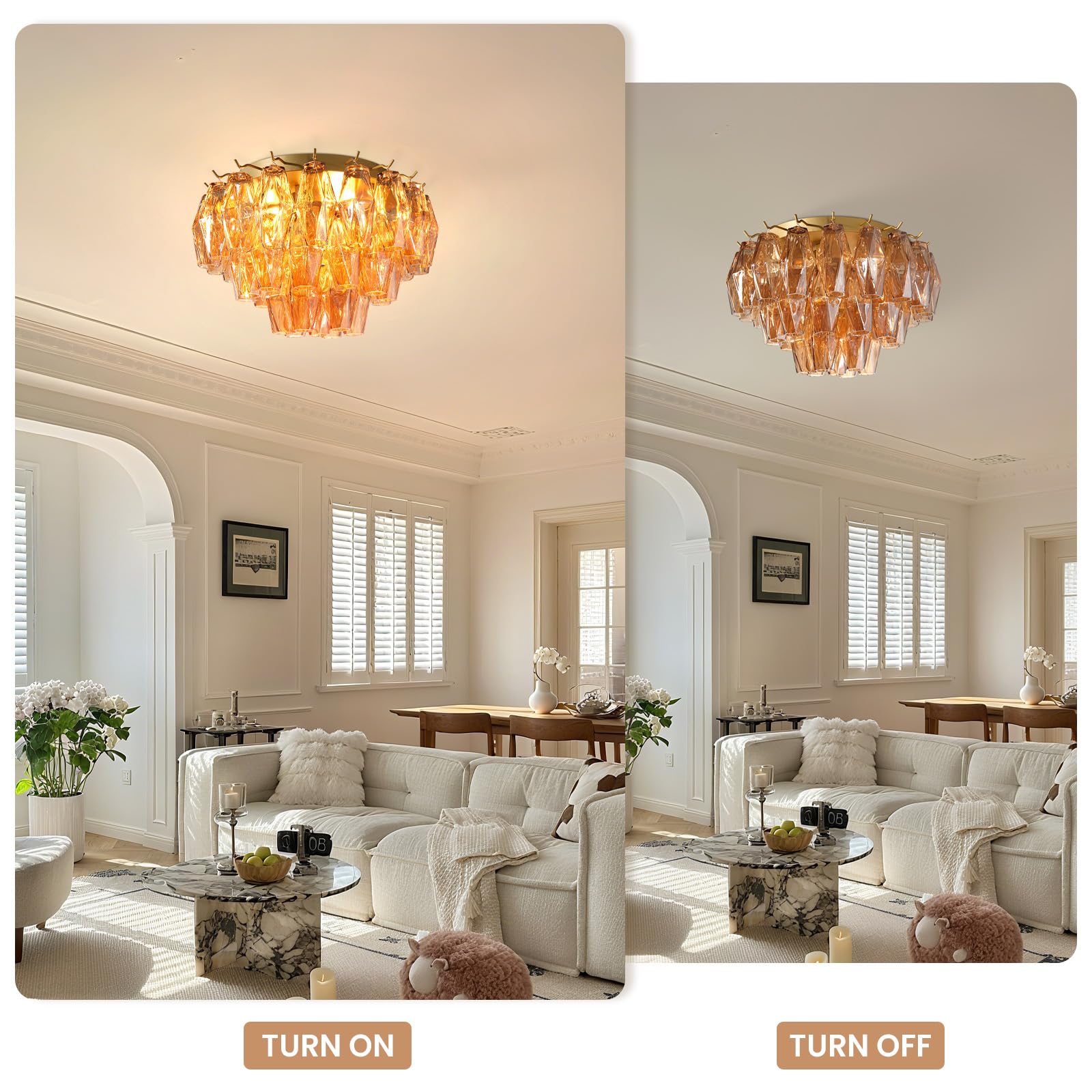 Amber Ceiling Light, 17" Modern Crystal Glass Chandelier for Bedroom, 3 - Light Round Flush Mount Ceiling Ligh for Living Room, Bathroom, Hallway, Entryway – Elegant Warm Lighting Fixture - Camilalamps - B0DQLDBCMH