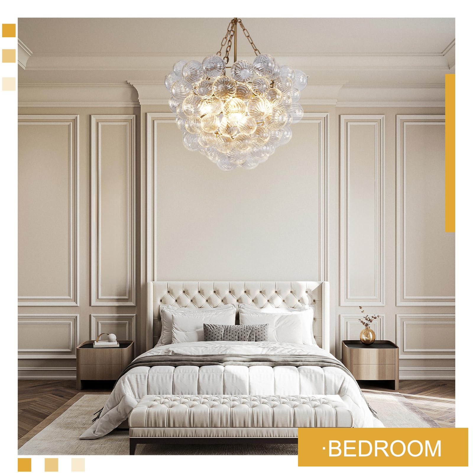 Gold Bubble Globe Chandelier, Modern Blown Glass Chandeliers with Ribbed Clear Balls, Small 24" Dia Antique Style Pendant Ceiling Light for Dining Room, Entry, Bedroom - Camilalamps - B0FDQ34ZW3