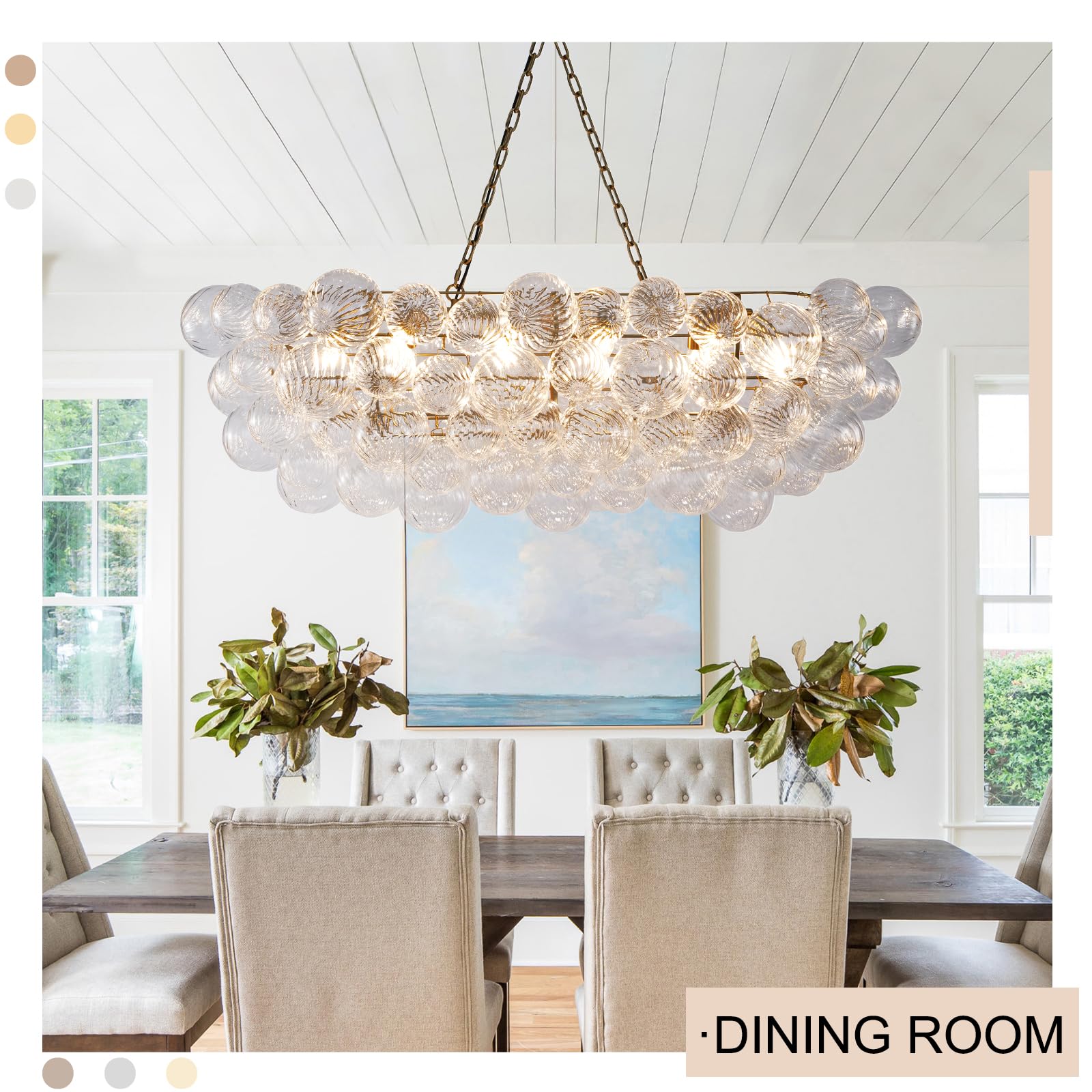 Gold Bubble Globe Chandelier, Modern Blown Glass Chandeliers with Ribbed Clear Balls, Small 24" Dia Antique Style Pendant Ceiling Light for Dining Room, Entry, Bedroom - Camilalamps - B0FDQ34ZW3