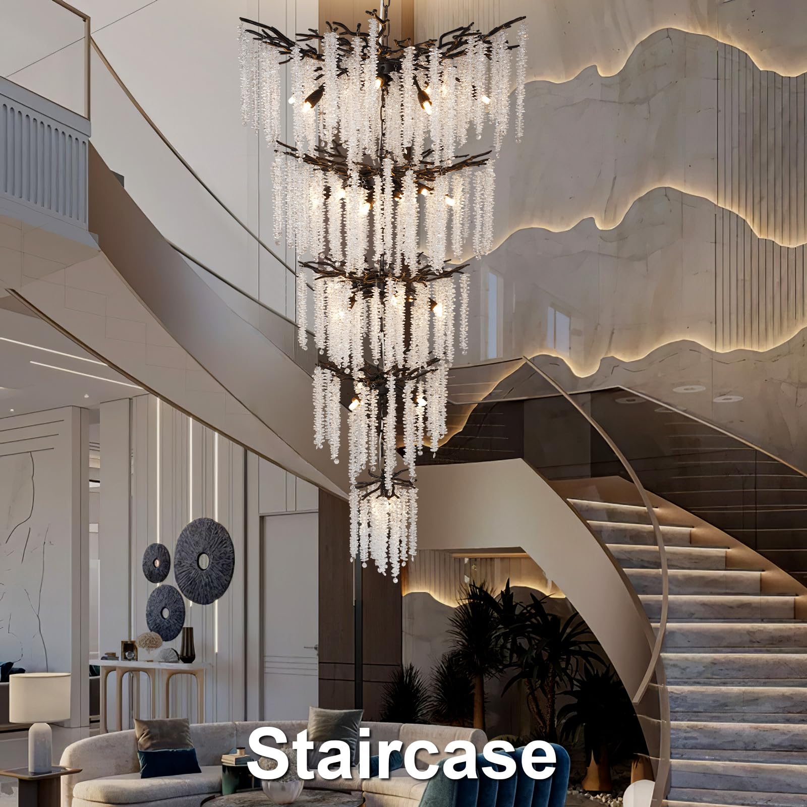 Modern Crystal Chandelier, 47.2" Gold Tree Branch Chandelier for Dining Room, Round Luxury High Ceiling Chandeliers Pendant Light Over Table, Hanging Fixture for Bedroom, Living Room, Kitchen - Camilalamps - B0FBWPQM82