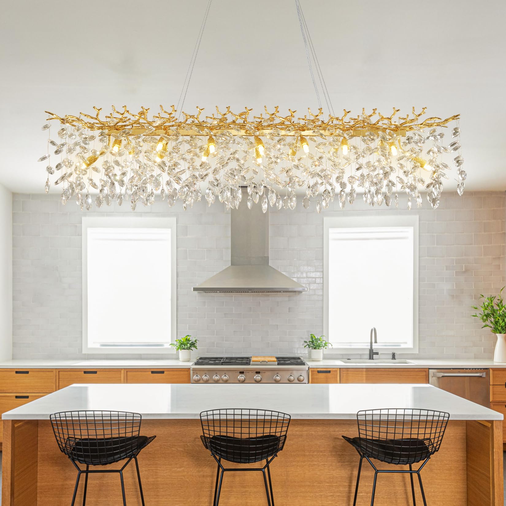 Crystal Chandeliers for Dining Room, 63" Modern Gold Tree Branch Chandelier, 15 - Lights Luxury Rectangular Raindrop Chandelier Light Fixture for Kitchen Island, Living Room, Foyer, High Ceiling - Camilalamps - B0DNZFNLT5