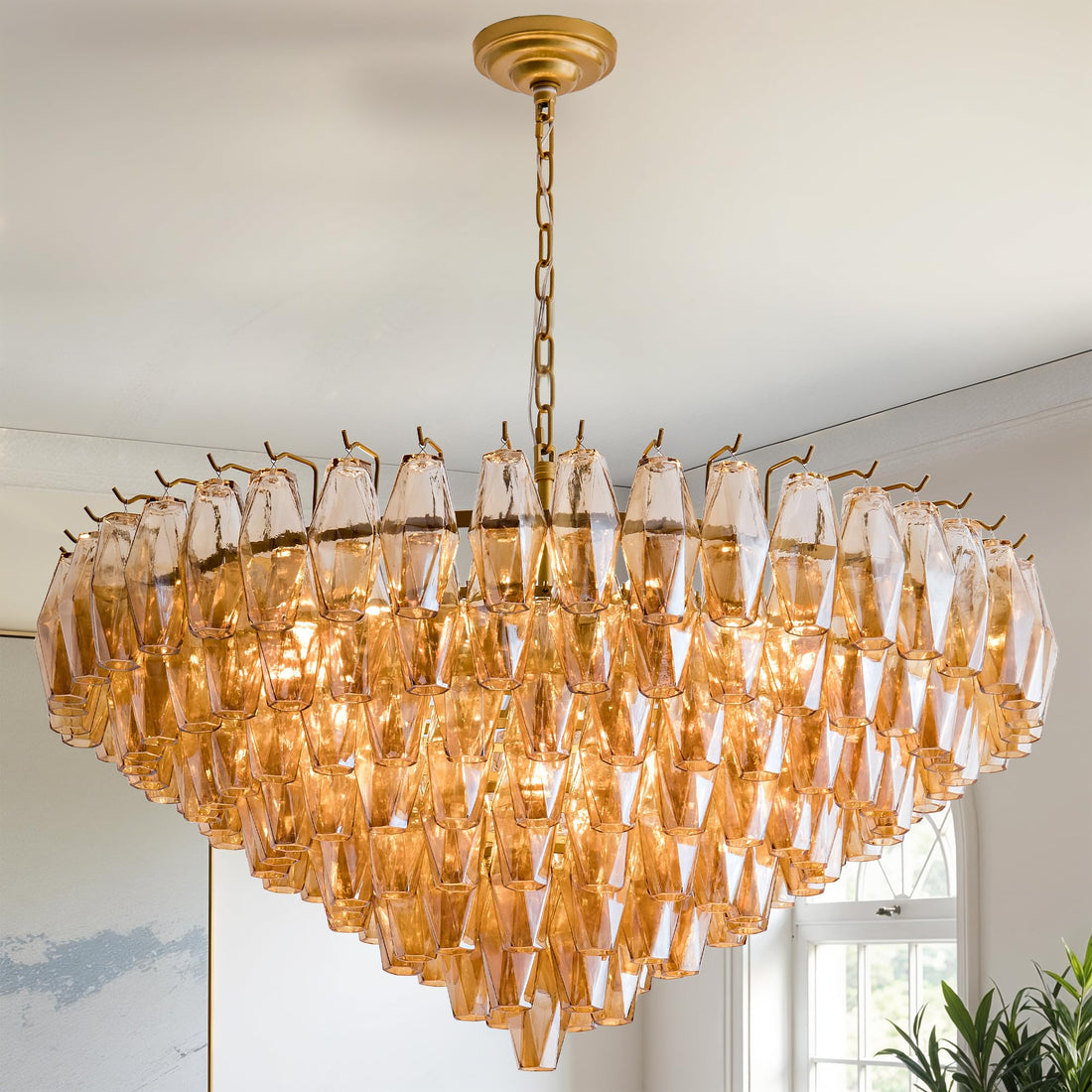 Amber Ceiling Light, 17" Modern Crystal Glass Chandelier for Bedroom, 3 - Light Round Flush Mount Ceiling Ligh for Living Room, Bathroom, Hallway, Entryway – Elegant Warm Lighting Fixture - Camilalamps - B0DQLHDP4D