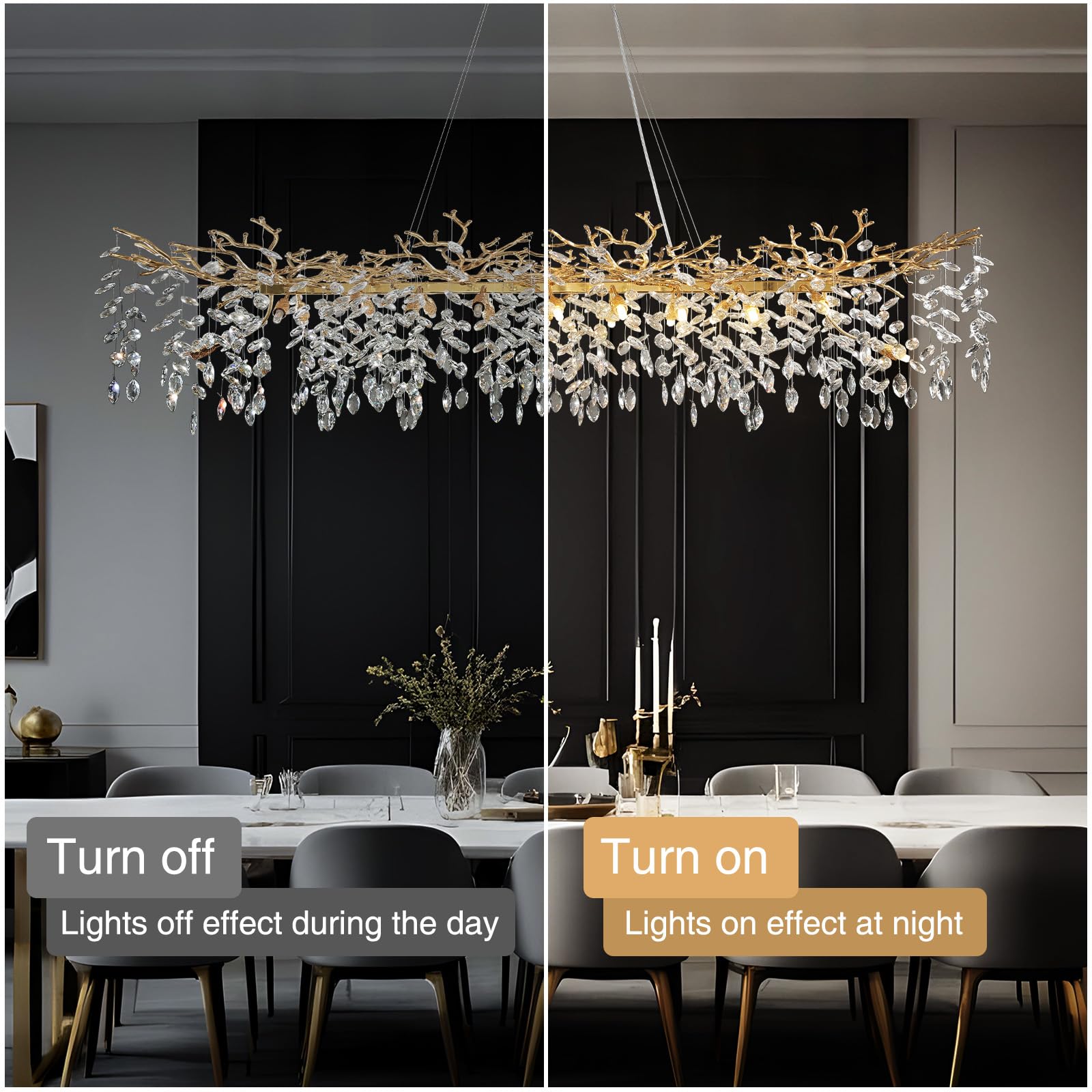 Crystal Chandeliers for Dining Room, 63" Modern Gold Tree Branch Chandelier, 15 - Lights Luxury Rectangular Raindrop Chandelier Light Fixture for Kitchen Island, Living Room, Foyer, High Ceiling - Camilalamps - B0BXNB4WRN