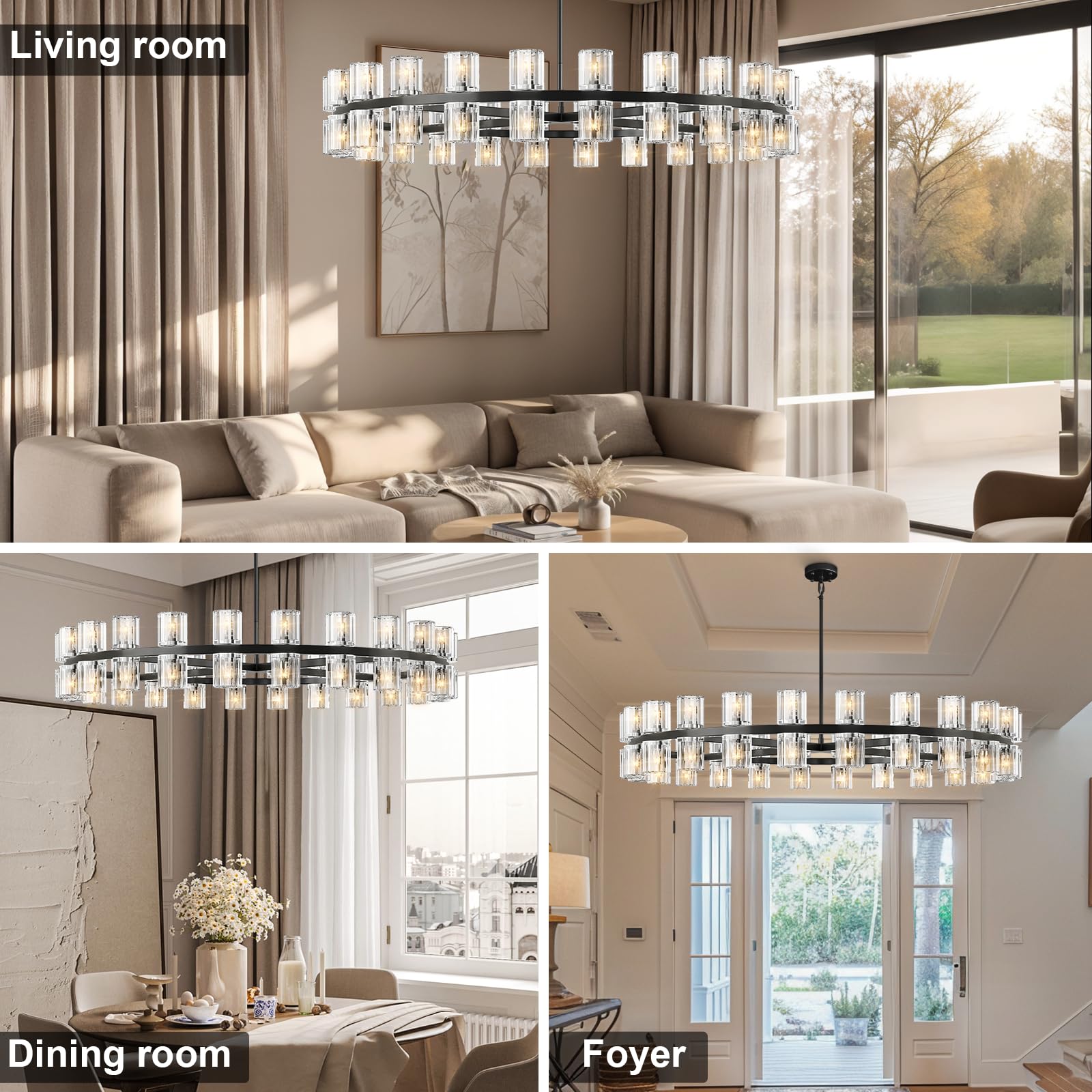 Modern 36" Gold Round Chandelier Light Fixture, K9 Crystal Chandeliers for Dining Room, Living Room, Dining Room Chandeliers Over Table, Chandelier for Bedroom, Foyer, Includes 36XG4 Bulbs - Camilalamps - B0CRGK6RHV