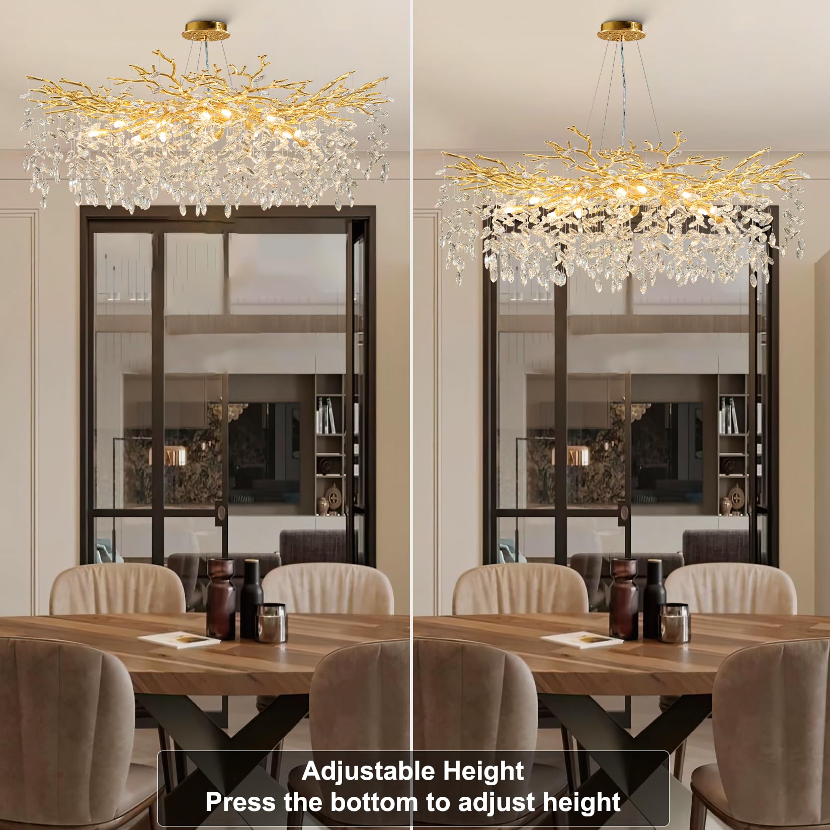 60" Modern Gold Crystal Tree Branch Chandelier, 16 - Light Rectangular Chandeliers for Dining Room, Kitchen Island, Living Room, Luxury K9 Crystal Raindrop Light Fixture - Camilalamps - B0FC6PCBZ1