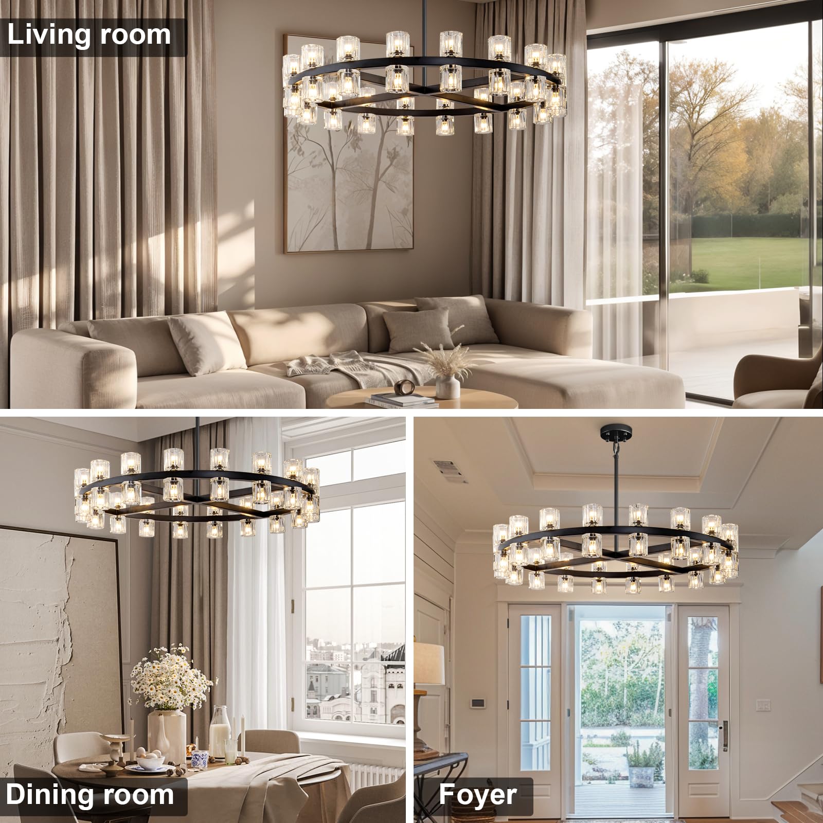 Modern 36" Gold Round Chandelier Light Fixture, K9 Crystal Chandeliers for Dining Room, Living Room, Dining Room Chandeliers Over Table, Chandelier for Bedroom, Foyer, Includes 36XG4 Bulbs - Camilalamps - B0CRGK6RHV