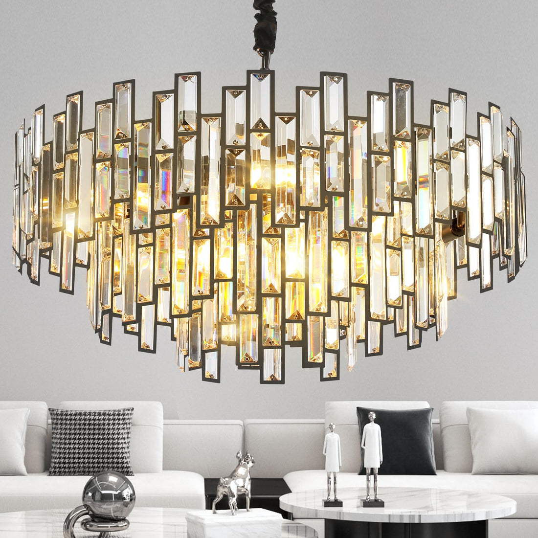 Black Crystal Chandelier, 3 - Tier Modern Round Chandelier for Dining Room, Luxury K9 Crystal Ceiling Pendant Light Fixture for Entryway Foyer Stairway Hall Dining Living Room 24.4'' - Camilalamps - B0DMFCBNZP