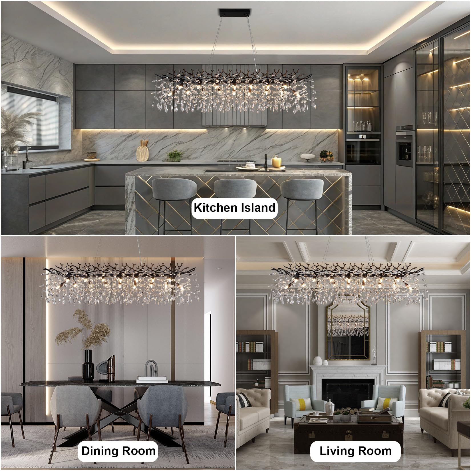60" Modern Gold Crystal Tree Branch Chandelier, 16 - Light Rectangular Chandeliers for Dining Room, Kitchen Island, Living Room, Luxury K9 Crystal Raindrop Light Fixture - Camilalamps - B0FC6PCBZ1