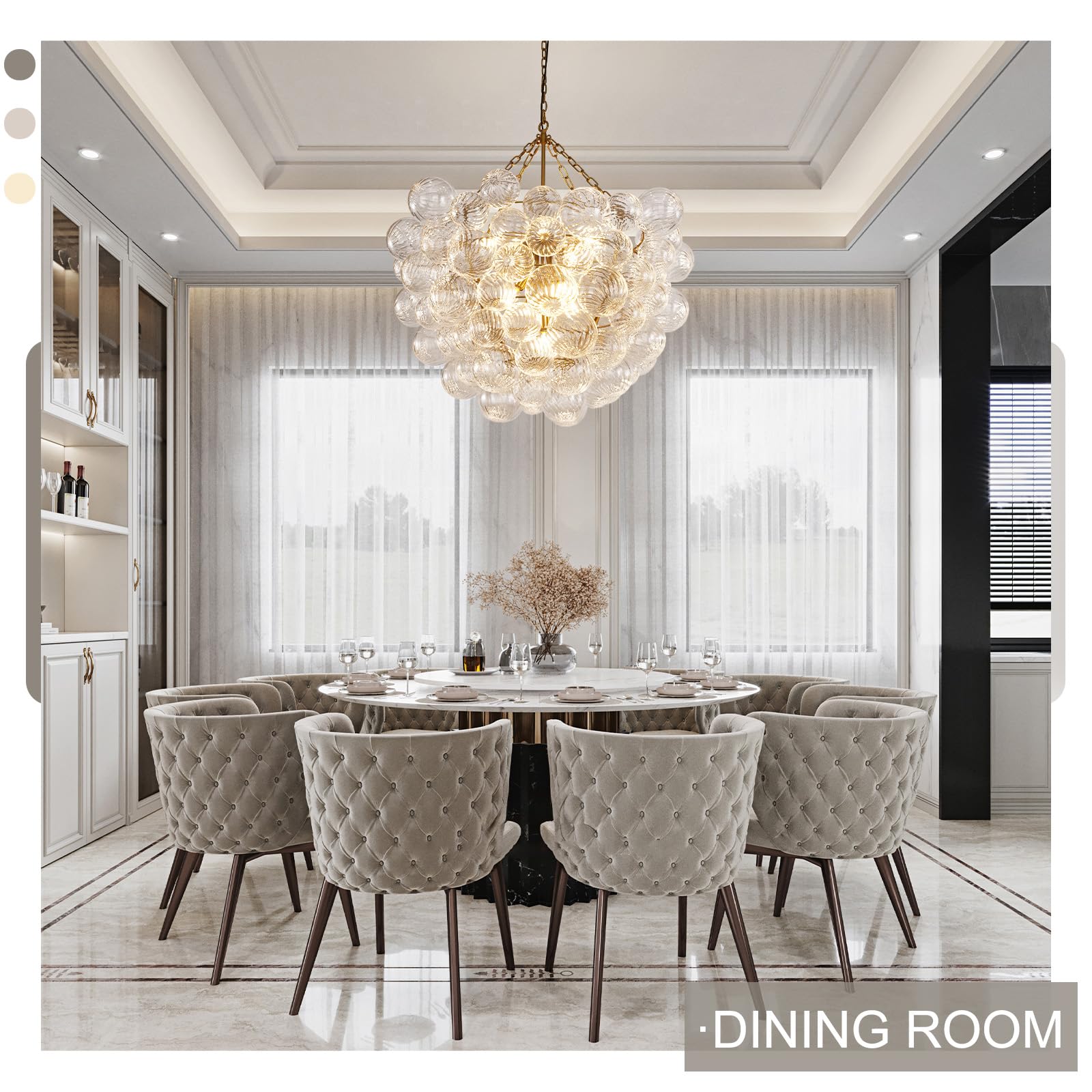 Gold Bubble Globe Chandelier, Modern Blown Glass Chandeliers with Ribbed Clear Balls, Small 24" Dia Antique Style Pendant Ceiling Light for Dining Room, Entry, Bedroom - Camilalamps - B0FDQ34ZW3
