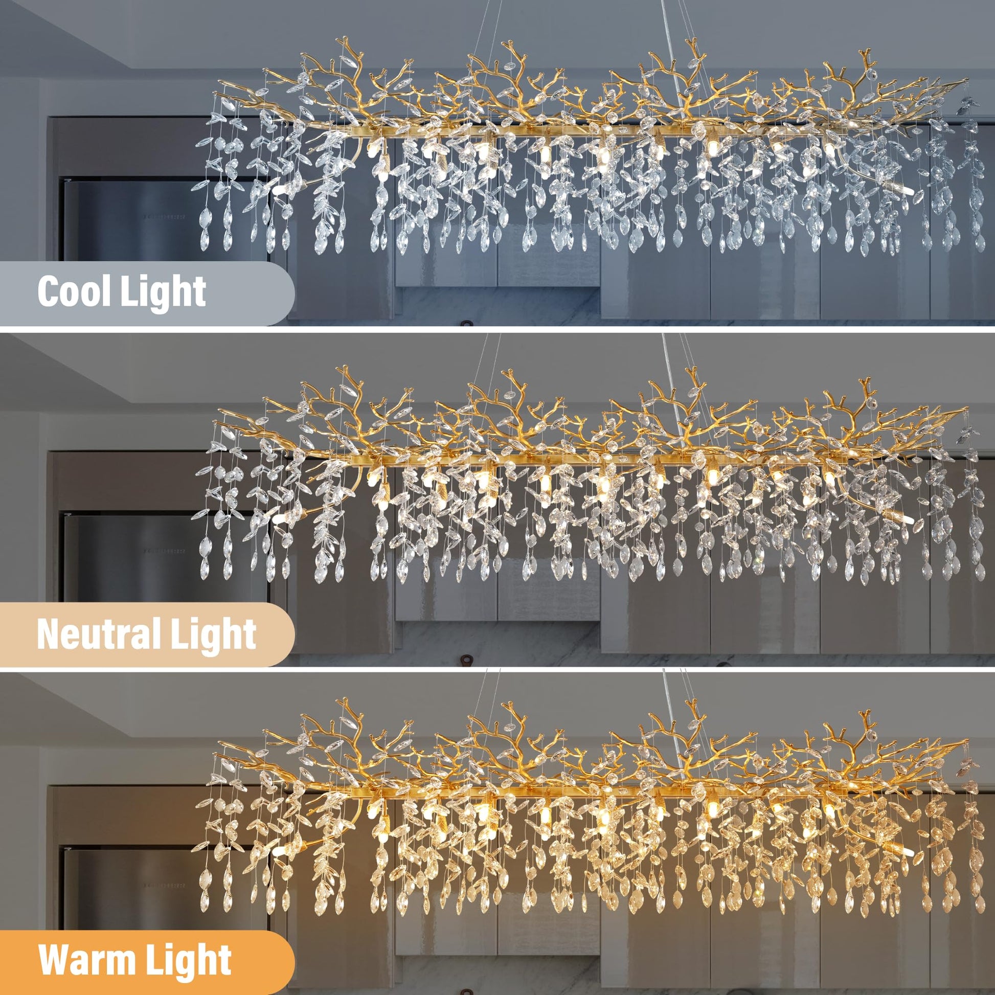 Crystal Chandeliers for Dining Room, 63" Modern Gold Tree Branch Chandelier, 15 - Lights Luxury Rectangular Raindrop Chandelier Light Fixture for Kitchen Island, Living Room, Foyer, High Ceiling - Camilalamps - B0BXNB4WRN