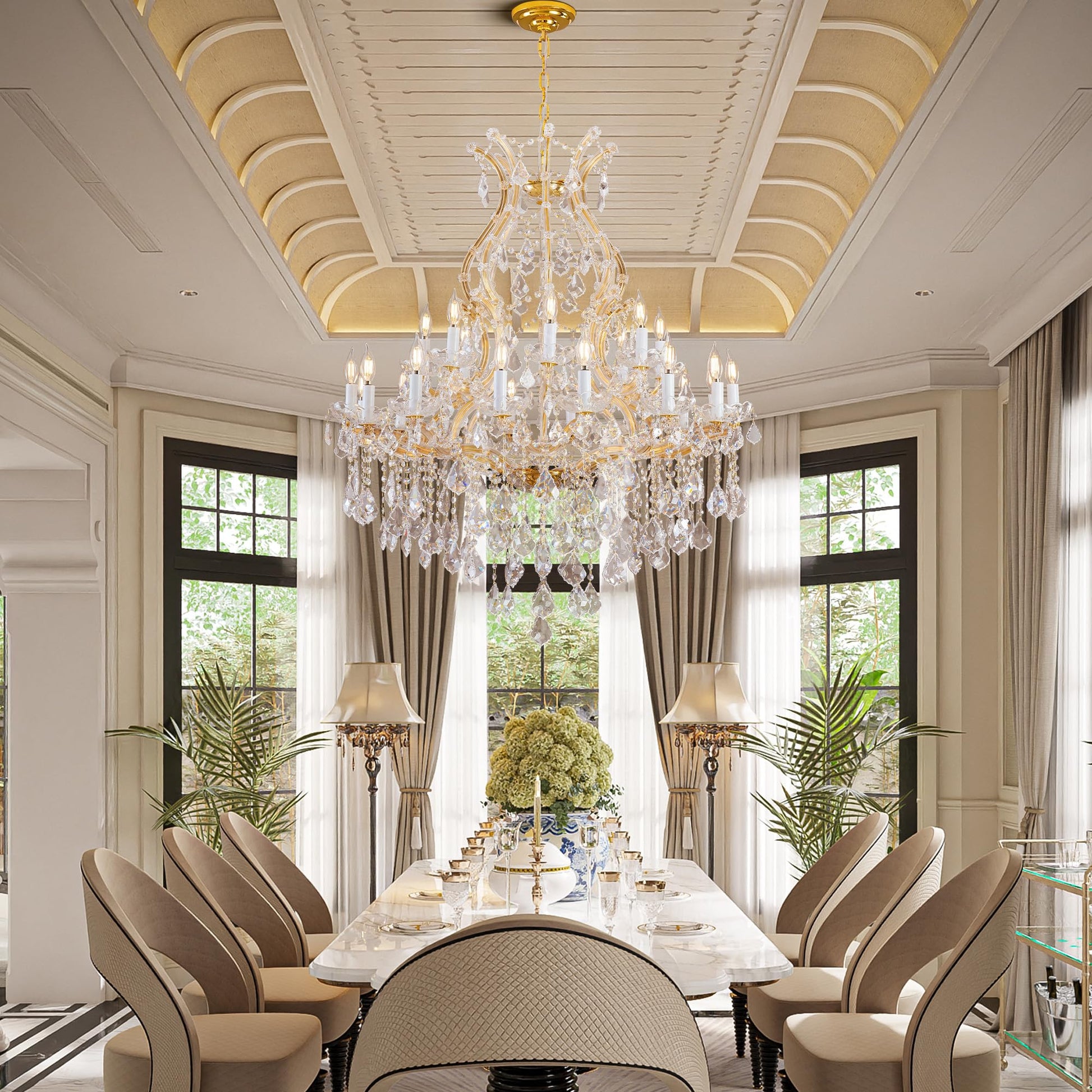 Large Gold Crystal Chandelier Light Fixtures - 24 Lights Modern Crystal Chandeliers for Hotel, Lobby, Foyer, Entryway Hall, Staircase High Ceiling Chandelier 2 Layers - Camilalamps - B0F93R7H6W