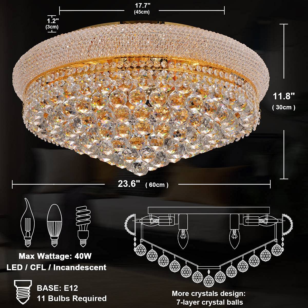 11 - Lights Golden Finish Classic Empire Style K9 Crystal Chandelier Ceiling Light for Living Room Foyer Dining Room Hallway Bedroom (24×12 inch) New Packaging Easy to Install - Camilalamps - B095YDL6HF