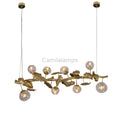 Long Organic Glass Bubble Brass Leaves Branch Chandelier 59