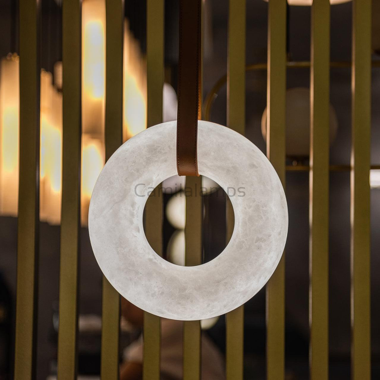 Oslo Pendant Alabaster Chandelier, Halo Ring Chandelier With Leather Chandelier Kevin Studio Inc   
