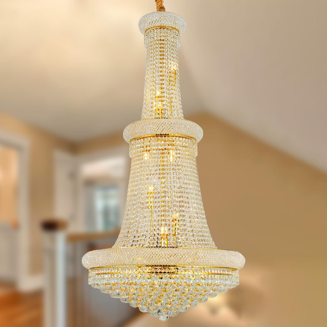 18 - Lights 3 Layers Large Golden Classic Empire Style K9 Crystal Ball Chandelier Decorative Light Fixture for High Ceiling Living Room Foyer Stair Entryway (D27.6 * H59 inches) - Camilalamps - B0DB7D9ZJC