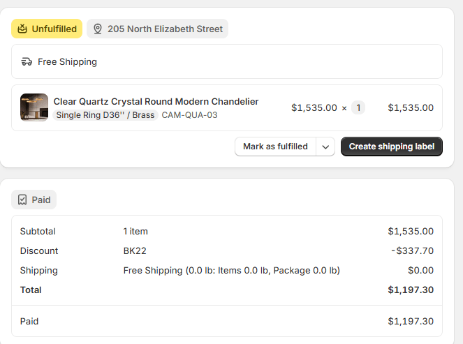 Price difference for order number CA2157 - Camilalamps - CA1998-01