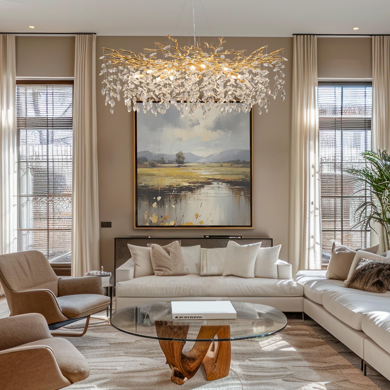 60" Modern Gold Crystal Tree Branch Chandelier, 16 - Light Rectangular Chandeliers for Dining Room, Kitchen Island, Living Room, Luxury K9 Crystal Raindrop Light Fixture - Camilalamps - B0FC6PCBZ1