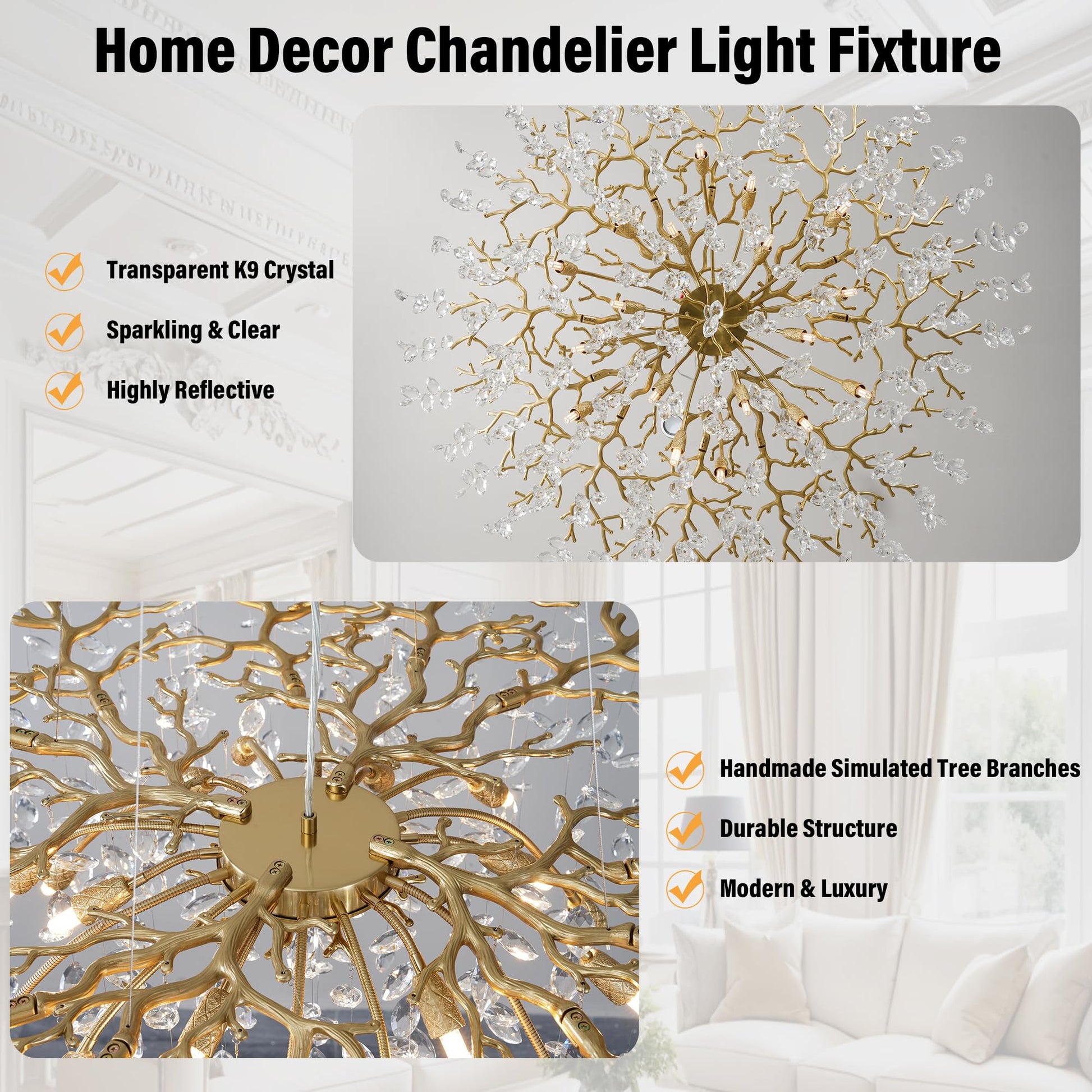 60" Modern Gold Crystal Tree Branch Chandelier, 16 - Light Rectangular Chandeliers for Dining Room, Kitchen Island, Living Room, Luxury K9 Crystal Raindrop Light Fixture - Camilalamps - B0FC6PCBZ1