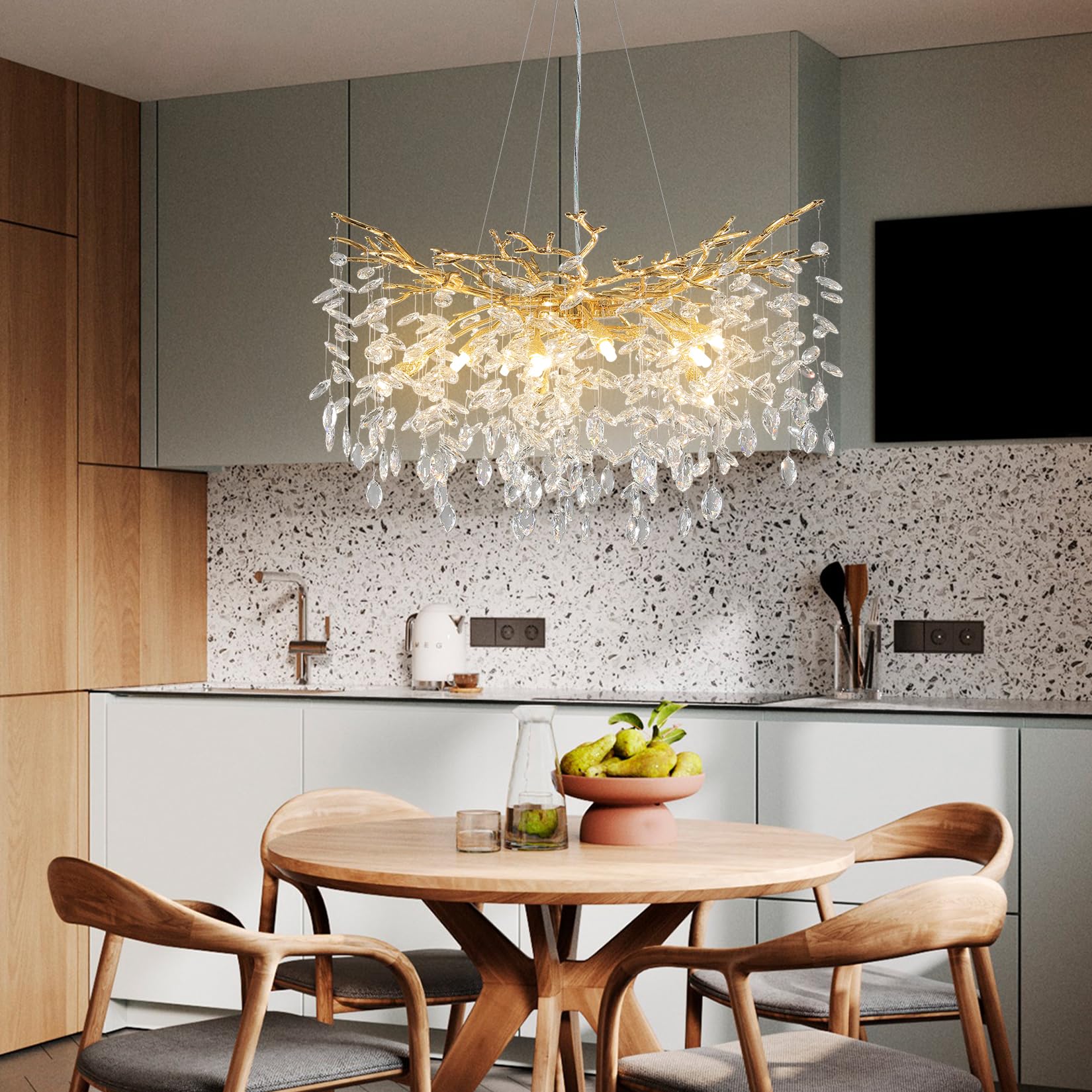 60" Modern Gold Crystal Tree Branch Chandelier, 16 - Light Rectangular Chandeliers for Dining Room, Kitchen Island, Living Room, Luxury K9 Crystal Raindrop Light Fixture - Camilalamps - B0FC6PCBZ1