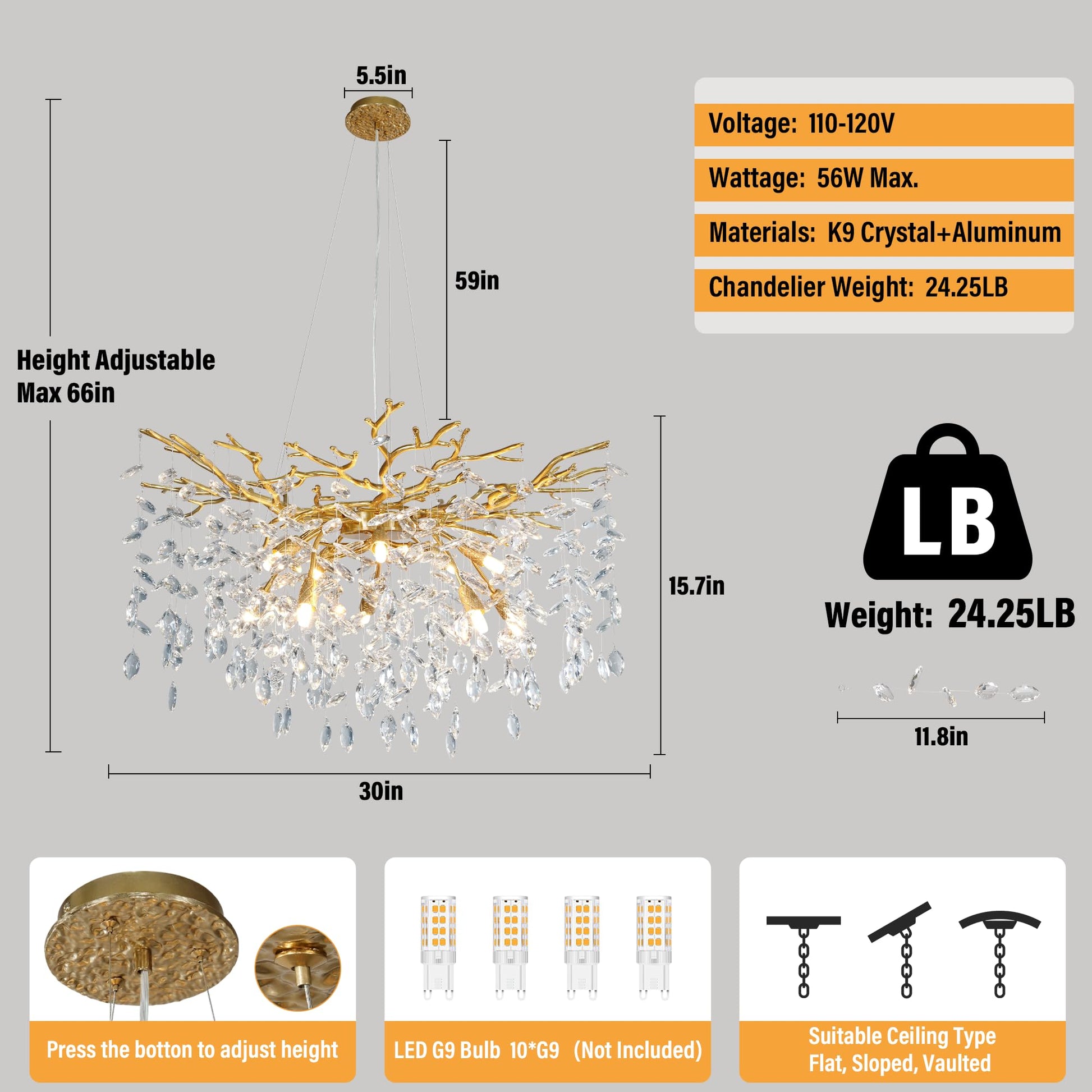 60" Modern Gold Crystal Tree Branch Chandelier, 16 - Light Rectangular Chandeliers for Dining Room, Kitchen Island, Living Room, Luxury K9 Crystal Raindrop Light Fixture - Camilalamps - B0FC6PCBZ1