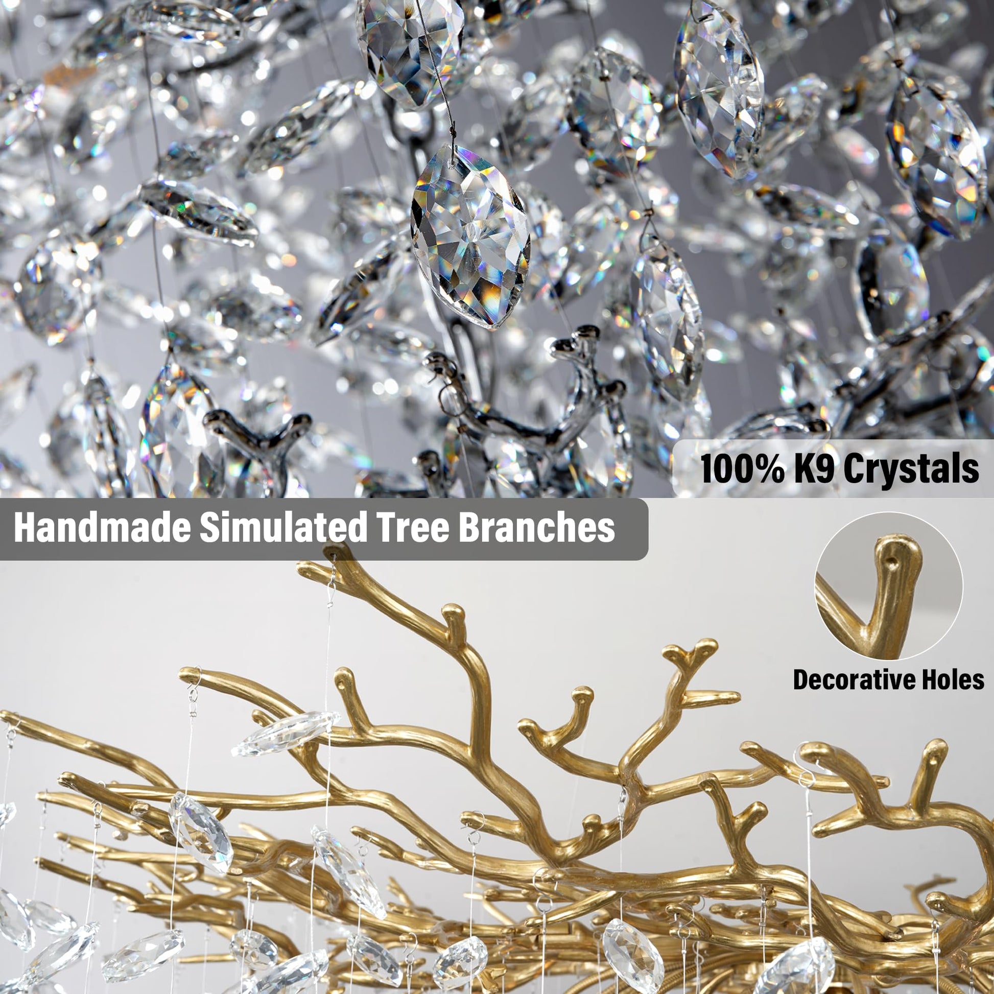 60" Modern Gold Crystal Tree Branch Chandelier, 16 - Light Rectangular Chandeliers for Dining Room, Kitchen Island, Living Room, Luxury K9 Crystal Raindrop Light Fixture - Camilalamps - B0FC6PCBZ1
