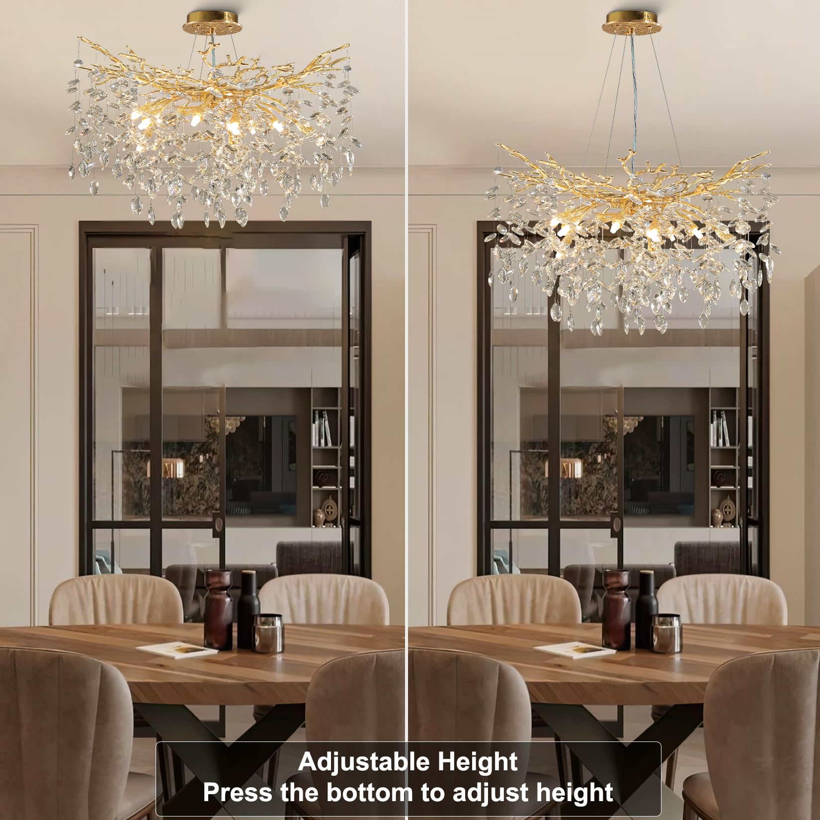 60" Modern Gold Crystal Tree Branch Chandelier, 16 - Light Rectangular Chandeliers for Dining Room, Kitchen Island, Living Room, Luxury K9 Crystal Raindrop Light Fixture - Camilalamps - B0FC6PCBZ1