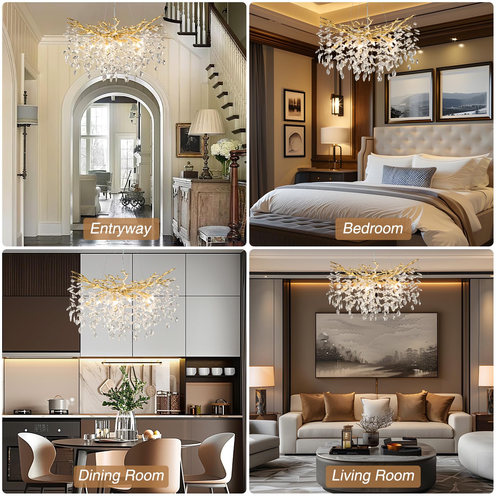 60" Modern Gold Crystal Tree Branch Chandelier, 16 - Light Rectangular Chandeliers for Dining Room, Kitchen Island, Living Room, Luxury K9 Crystal Raindrop Light Fixture - Camilalamps - B0FC6PCBZ1