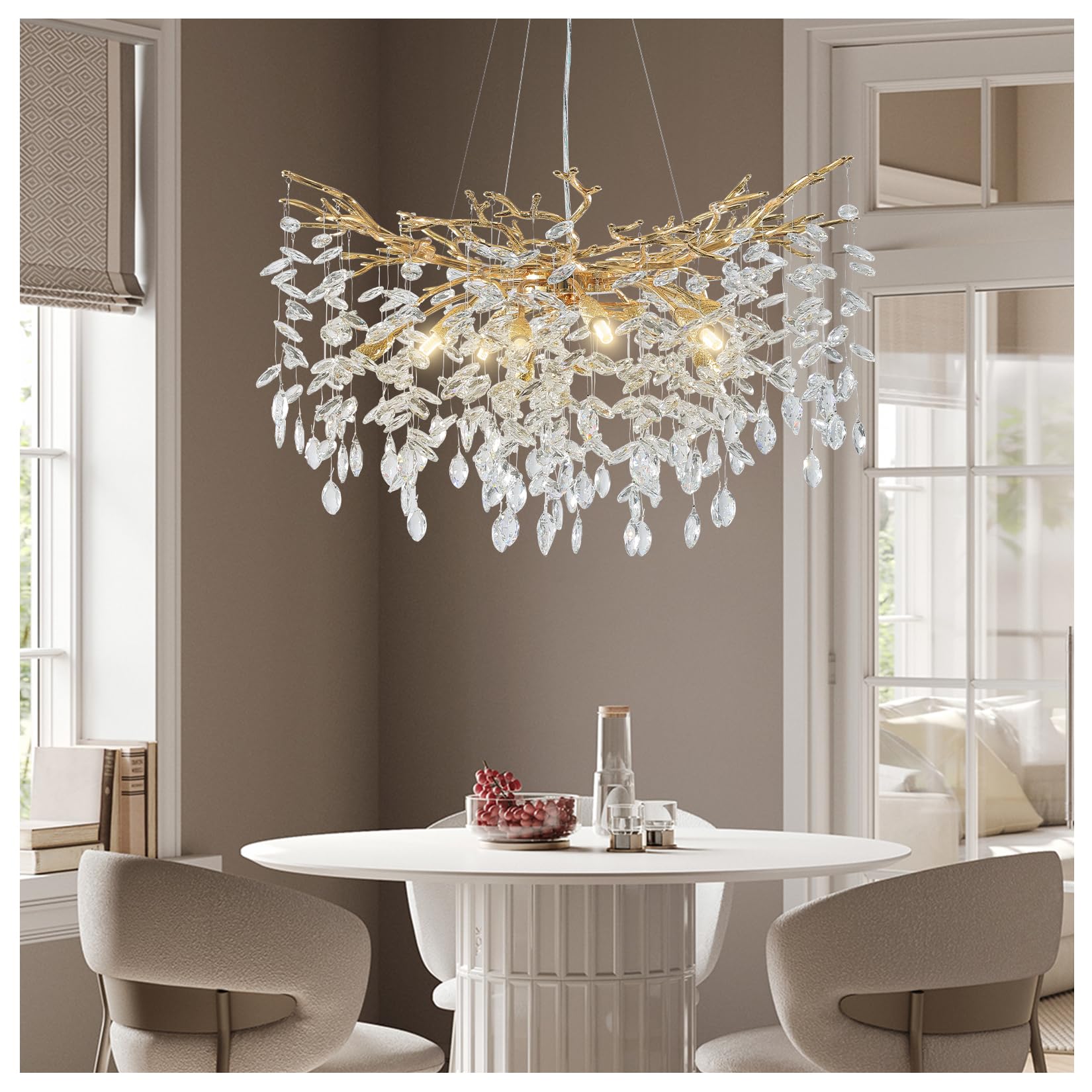 60" Modern Gold Crystal Tree Branch Chandelier, 16 - Light Rectangular Chandeliers for Dining Room, Kitchen Island, Living Room, Luxury K9 Crystal Raindrop Light Fixture - Camilalamps - B0FC6PCBZ1
