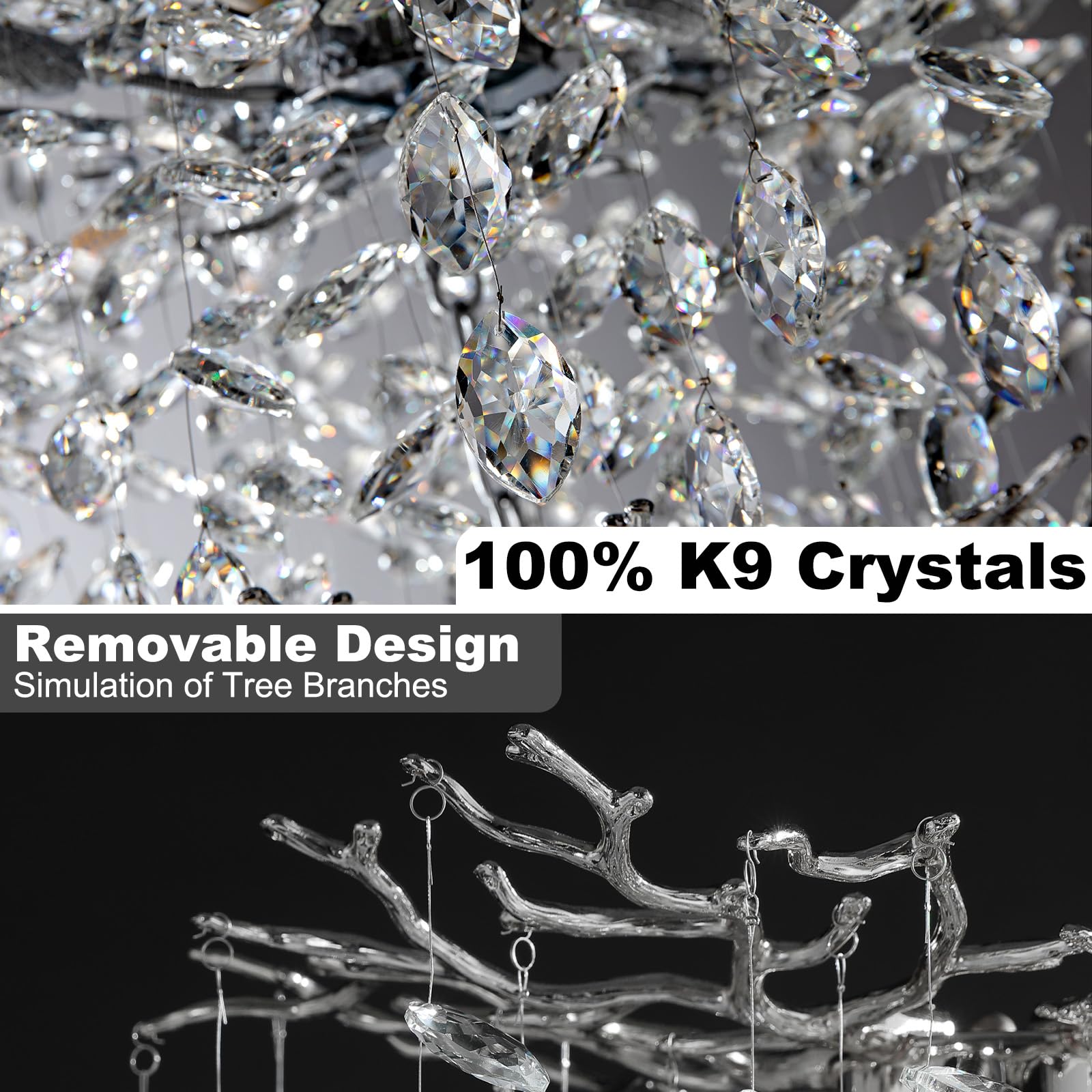 60" Modern Gold Crystal Tree Branch Chandelier, 16 - Light Rectangular Chandeliers for Dining Room, Kitchen Island, Living Room, Luxury K9 Crystal Raindrop Light Fixture - Camilalamps - B0FC6PCBZ1