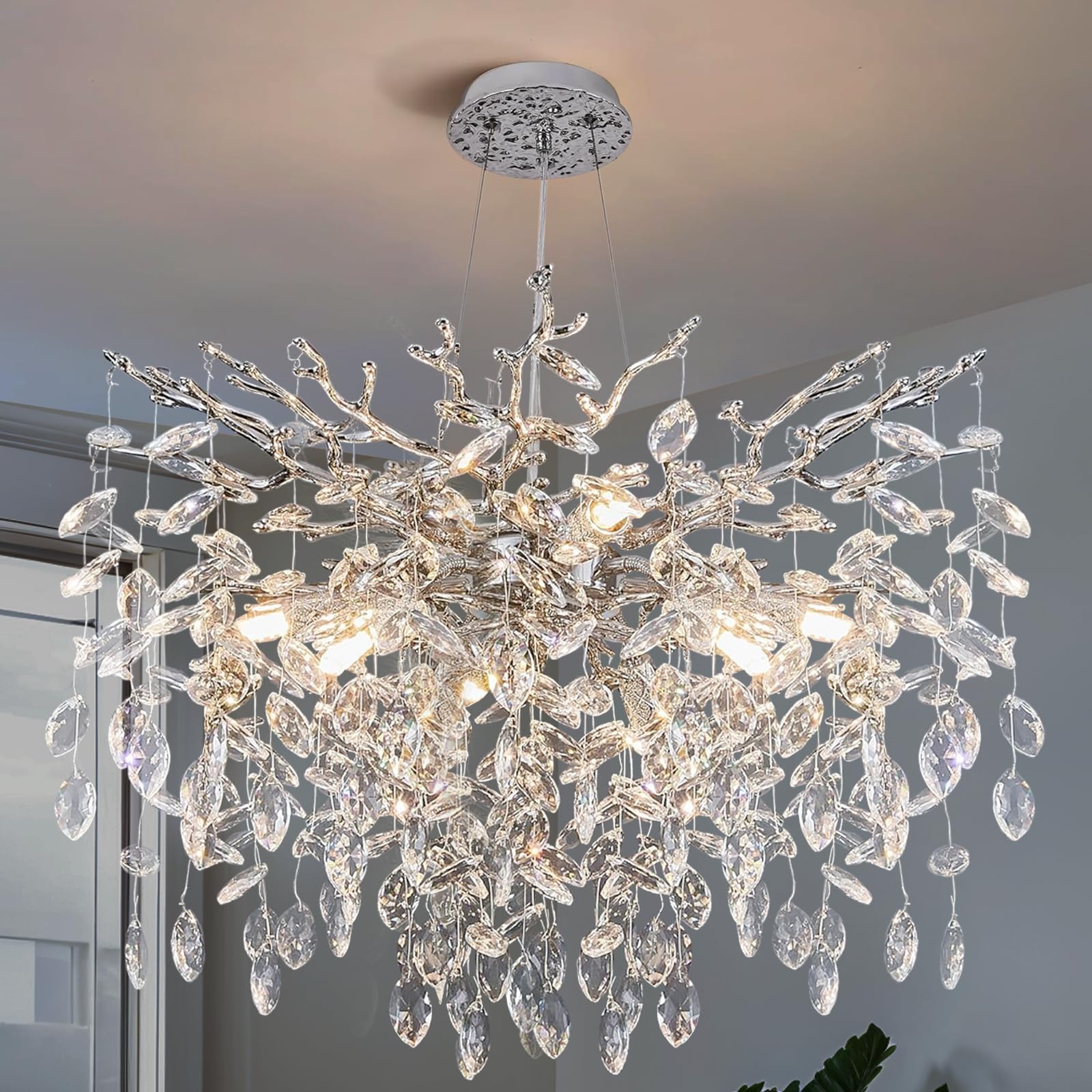 60" Modern Gold Crystal Tree Branch Chandelier, 16 - Light Rectangular Chandeliers for Dining Room, Kitchen Island, Living Room, Luxury K9 Crystal Raindrop Light Fixture - Camilalamps - B0C5T39B47