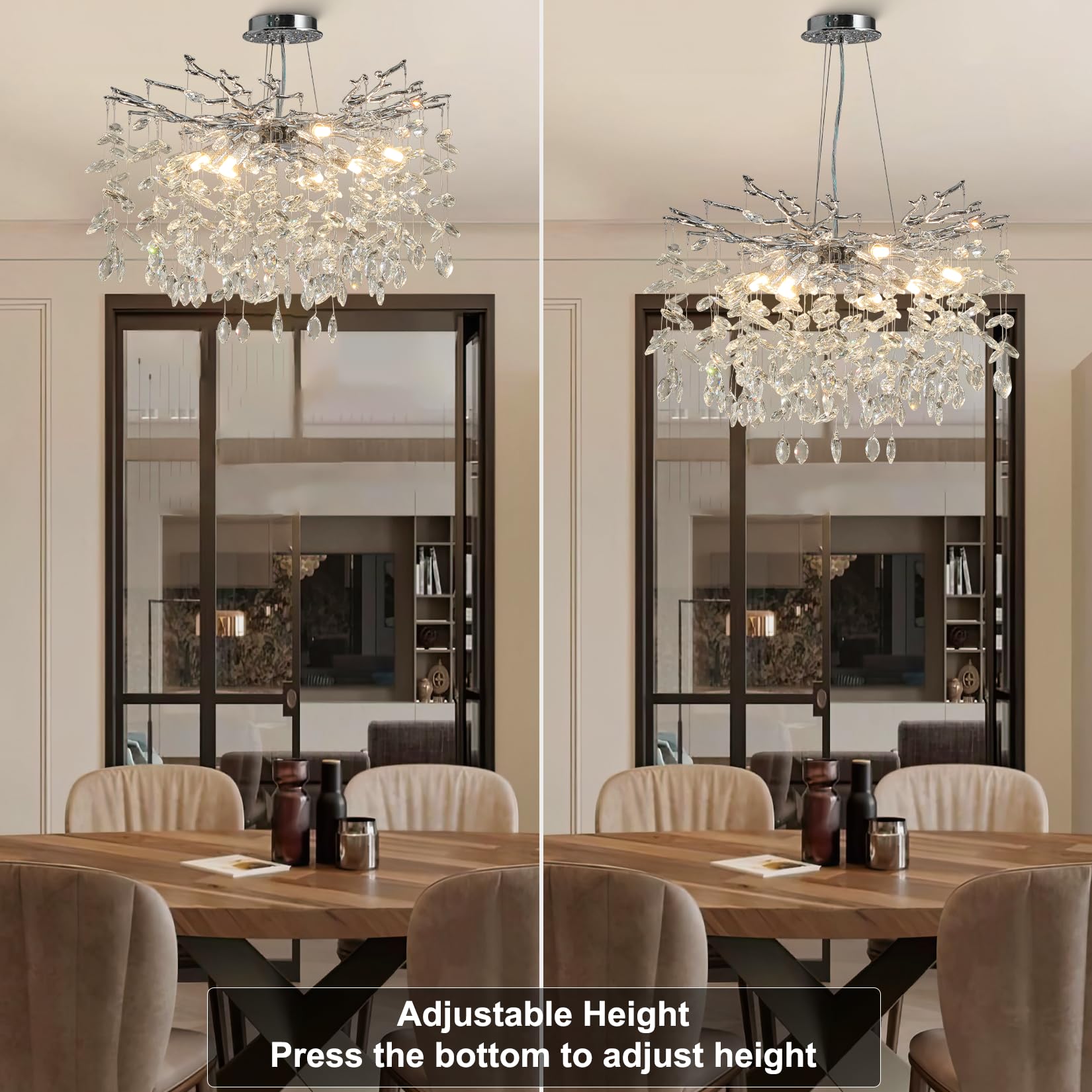 60" Modern Gold Crystal Tree Branch Chandelier, 16 - Light Rectangular Chandeliers for Dining Room, Kitchen Island, Living Room, Luxury K9 Crystal Raindrop Light Fixture - Camilalamps - B0FC6PCBZ1