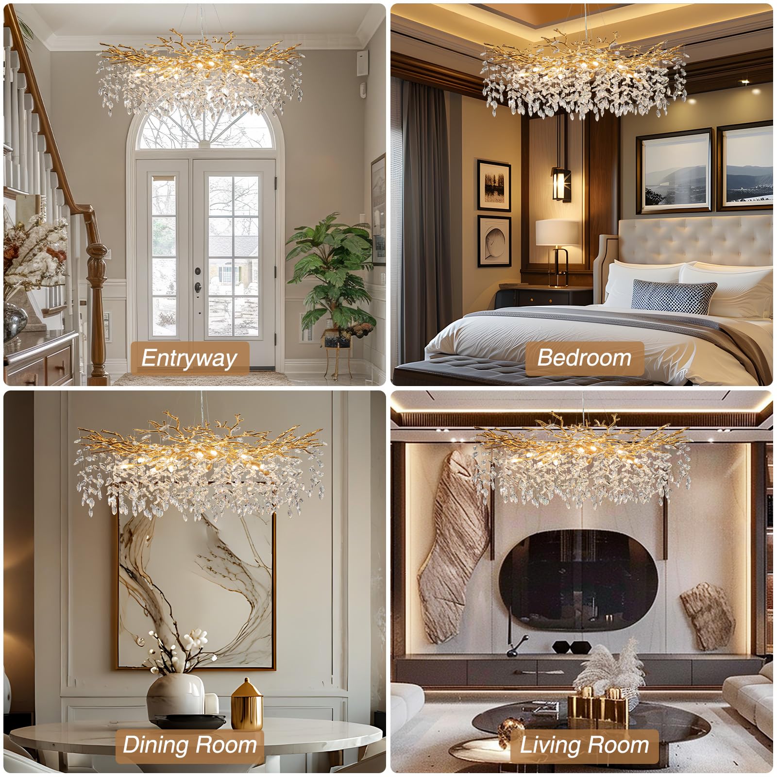 60" Modern Gold Crystal Tree Branch Chandelier, 16 - Light Rectangular Chandeliers for Dining Room, Kitchen Island, Living Room, Luxury K9 Crystal Raindrop Light Fixture - Camilalamps - B0FC6PCBZ1