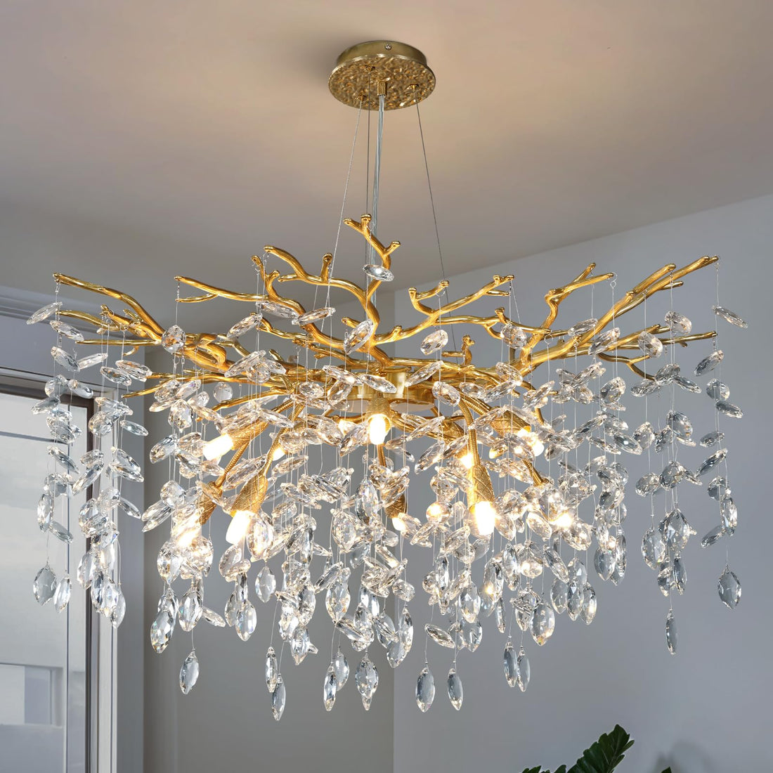 60" Modern Gold Crystal Tree Branch Chandelier, 16 - Light Rectangular Chandeliers for Dining Room, Kitchen Island, Living Room, Luxury K9 Crystal Raindrop Light Fixture - Camilalamps - B0C5T4HJ2H