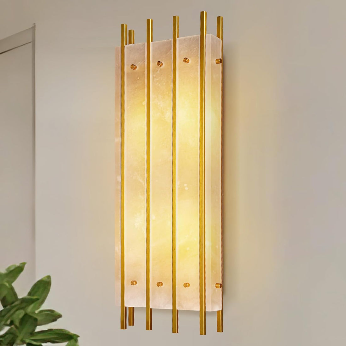25.8in Alabaster Wall Sconce, Brass Square Natural Marble Wall Light, Modern Dimmable Wall Lighting Fixture Decor Bathroom Lamp for Bedroom Stairs Living Room Hallway Indoor - Camilalamps - B0FD21SK3N