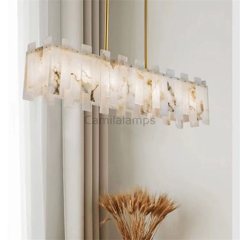 Jean Modern Marble Alabaster Linear Chandelier Over Dining Table chandelier Kevin Studio Inc   