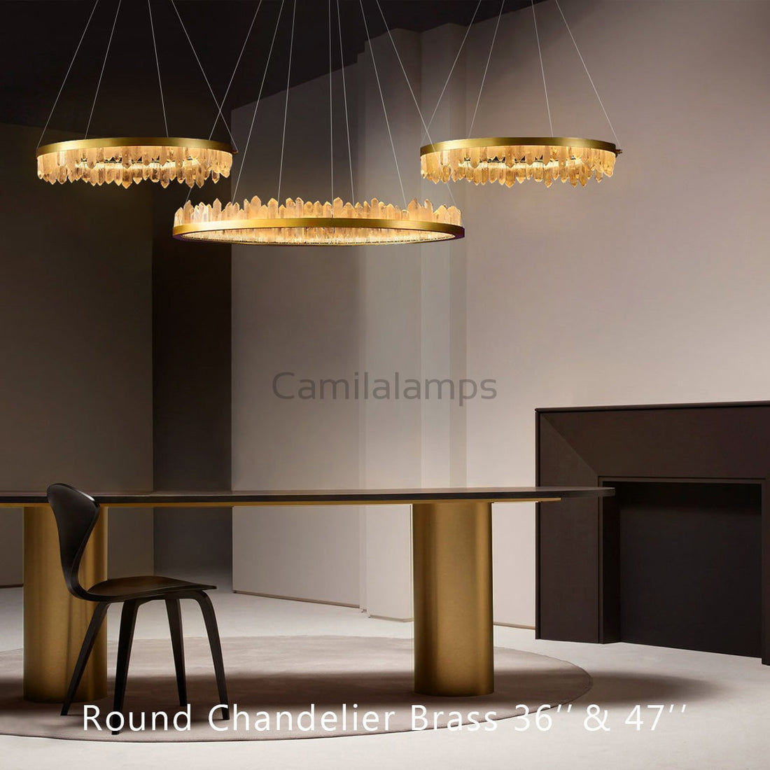36 Inch Round Modern Chandelier Brass & Clear Geode Quartz Crystal Hanging Light