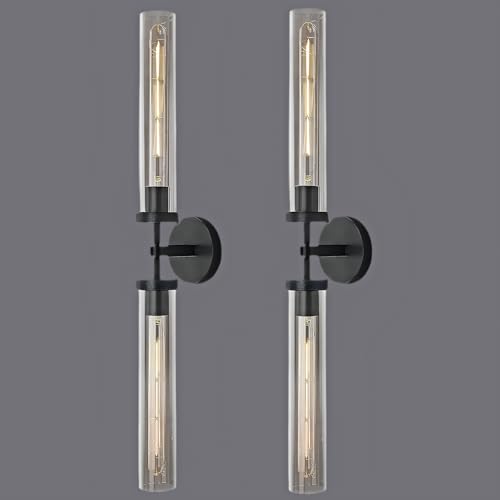Black Brass Glass Double Wall Sconce Set 30" Knurled - Camilalamps - CA-B0CPP8C6ZD